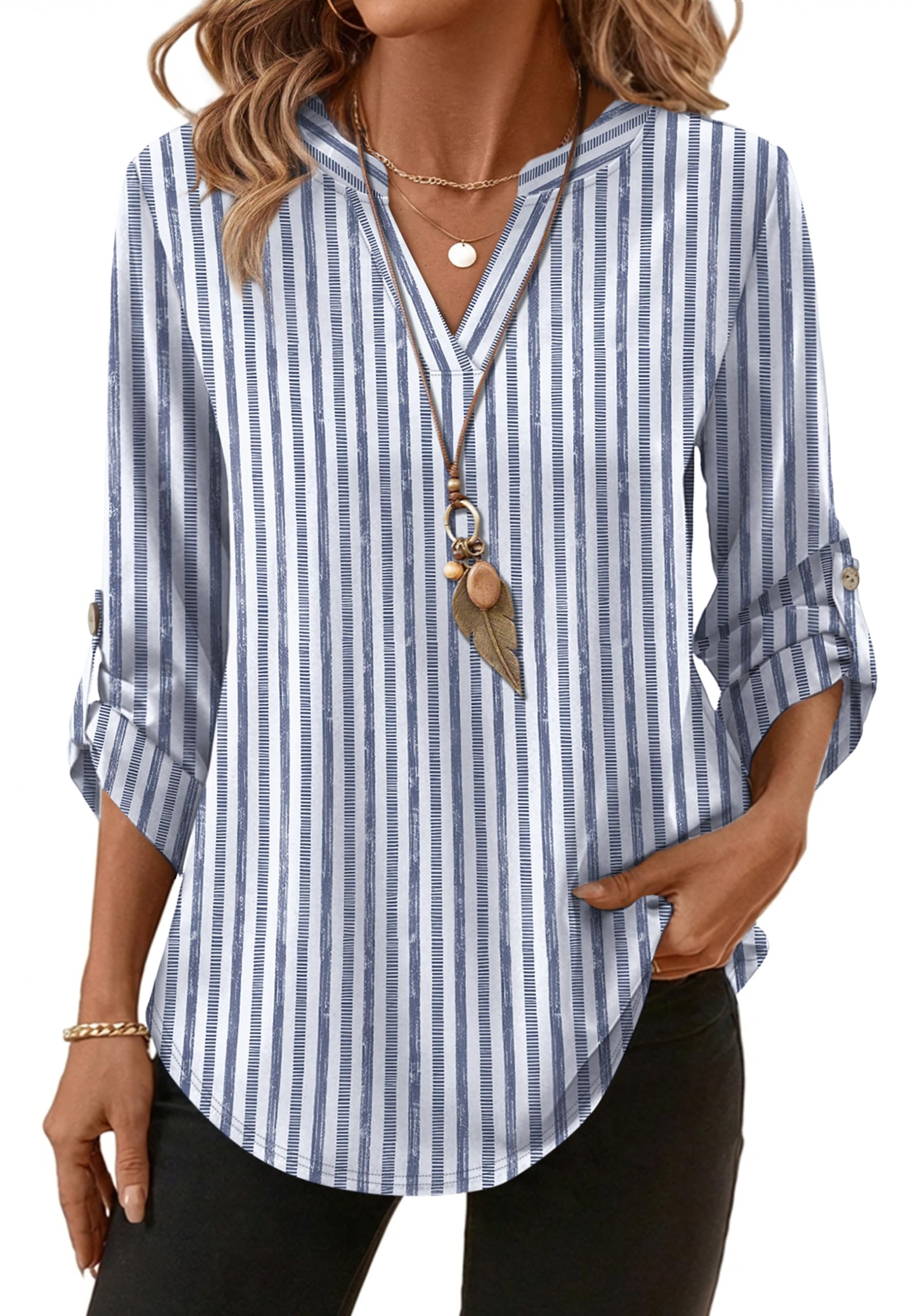 XIEERDUO 3/4 Length Sleeve Womens Tops V Neck T Shirts Both Side Buttons Blouses Business Casual Outfits Loose Fit