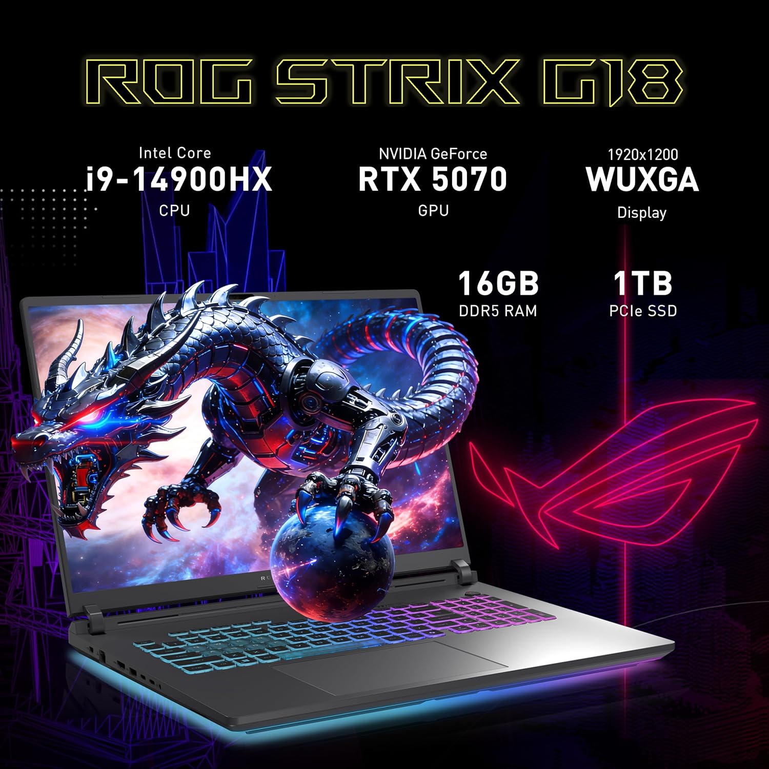 ASUS ROG Strix G18 18" 144Hz WUXGA Gaming Laptop, Intel i9-14900HX, GeForce RTX 5070, 16GB RAM, 2TB Storage (1TB SSD+1TB Docking Station), 4-Zone RGB Backilit Keyboard, FHD IR Camera, Win 11, Gray