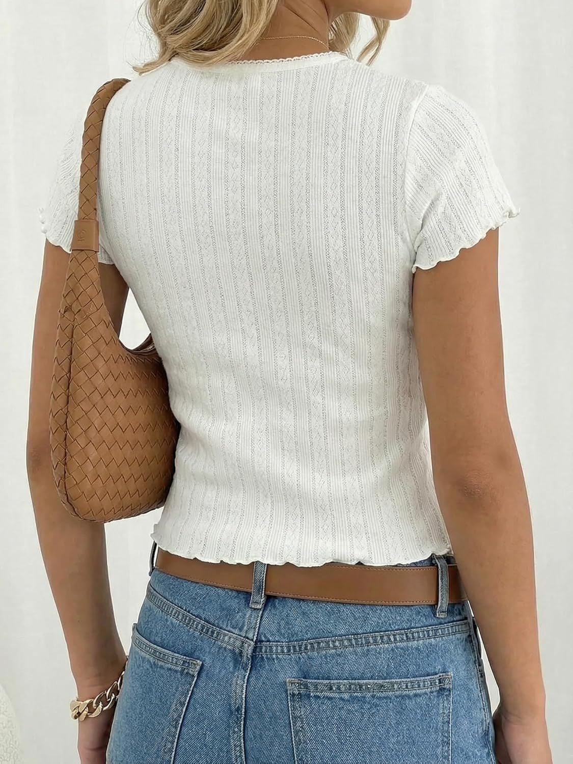BAIGRAM Women Cute Y2K Pointelle Crop Tops Lettuce Short Sleeve Crew Neck Tee Slim Fitted Tshirts Preppy Summer Going Out - Image 5