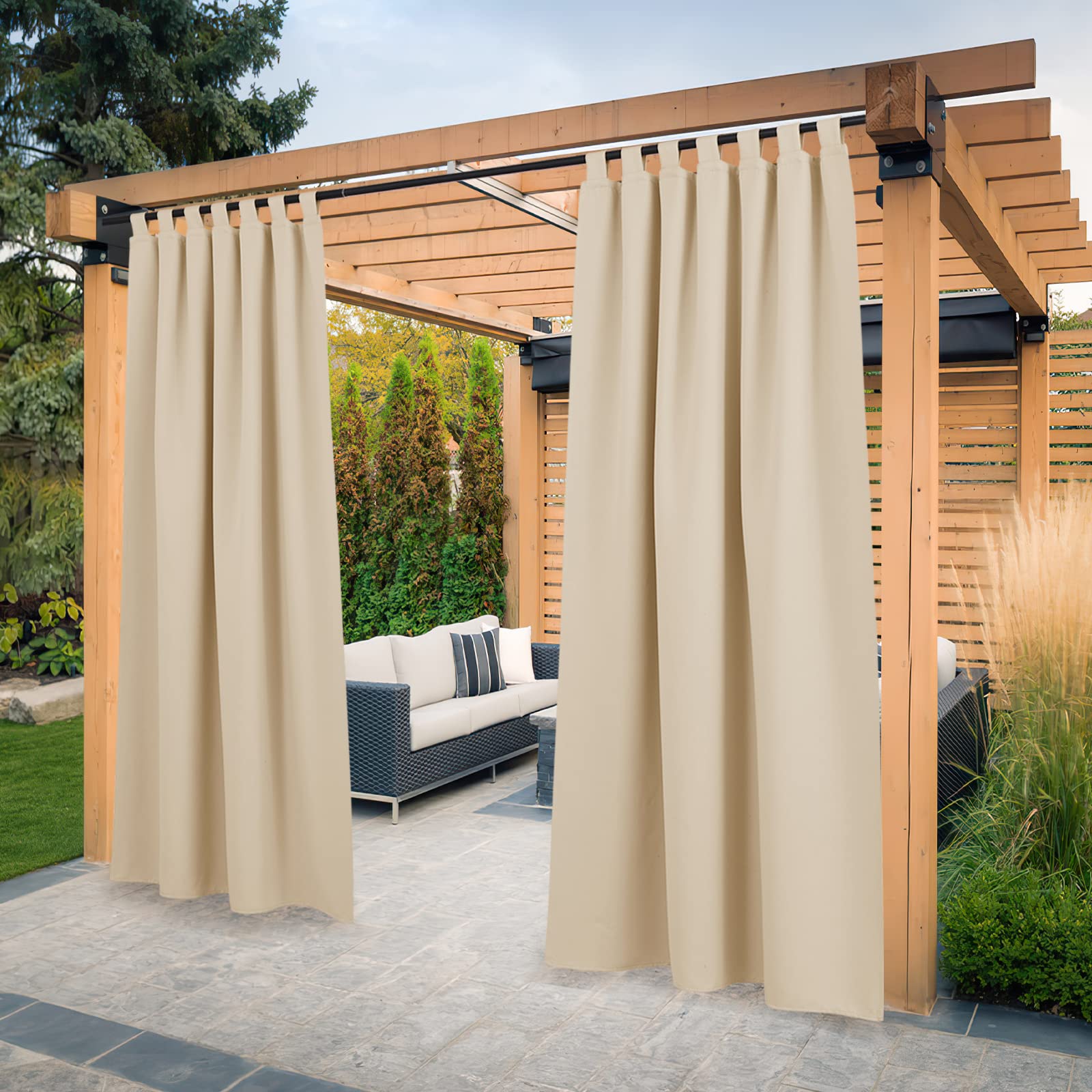 PONY DANCE Outdoor Gardinen Wetterfest 2er Set H 213 x B 132 cm Outdoor Vorhang mit Klett-Schlaufen wasserdichte Outdoorvorhänge Sonnenschutz für Terrasse, Biscotti Beige