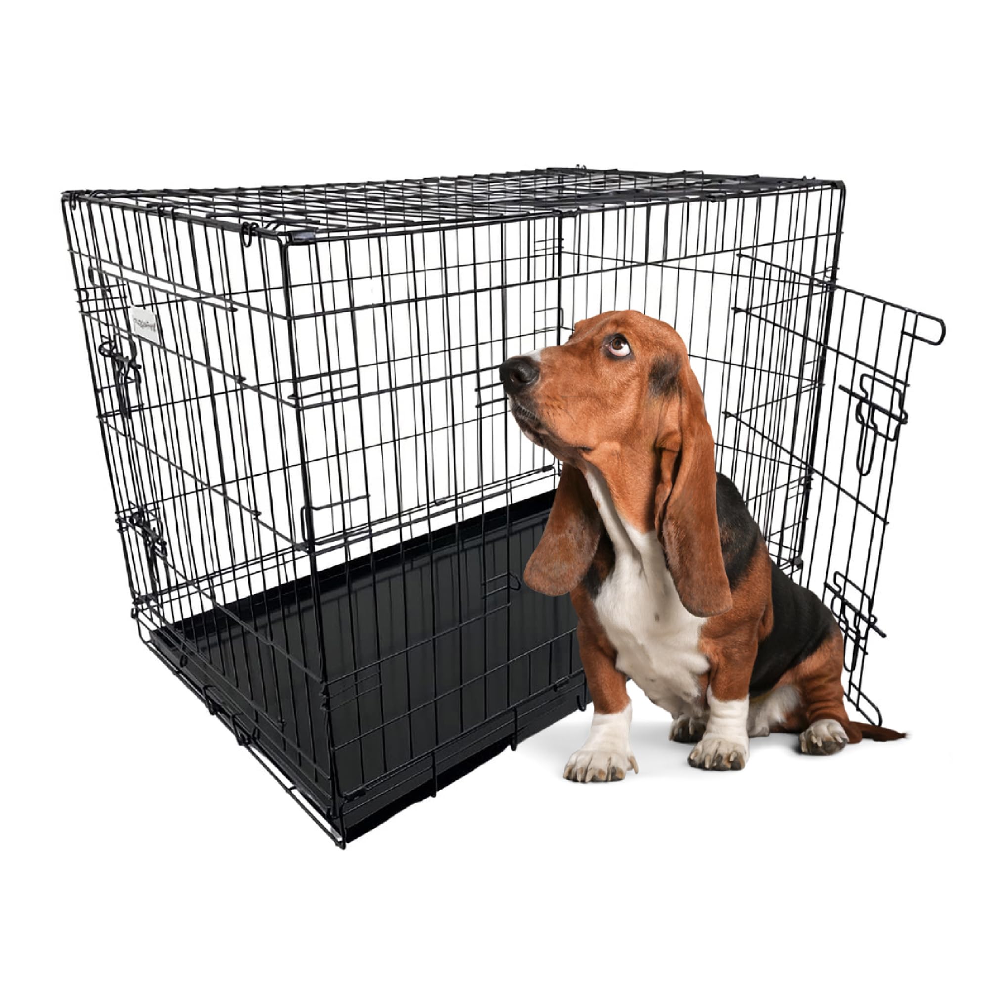 HugglePets Black Metal Dog Puppy Cage Foldable Medium 76cm Dual Door with Locks, Car Home and Travel Crate
