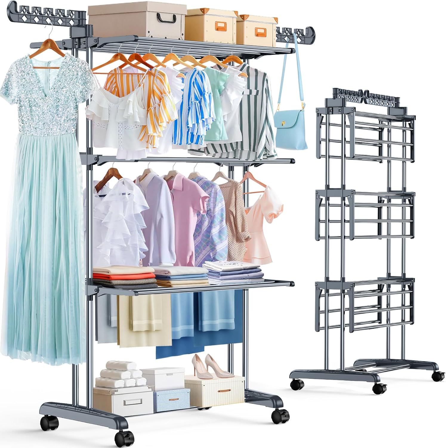 Product image of PurKeep Thicken & Durable Clothes Airer, Extra Large 4-Tier Capacity Foldable Clothes Drying Rack with Wheels, Stainless Steel Clothes Horse for Indoor/Outdoor Use in Bedroom, Laundry Room