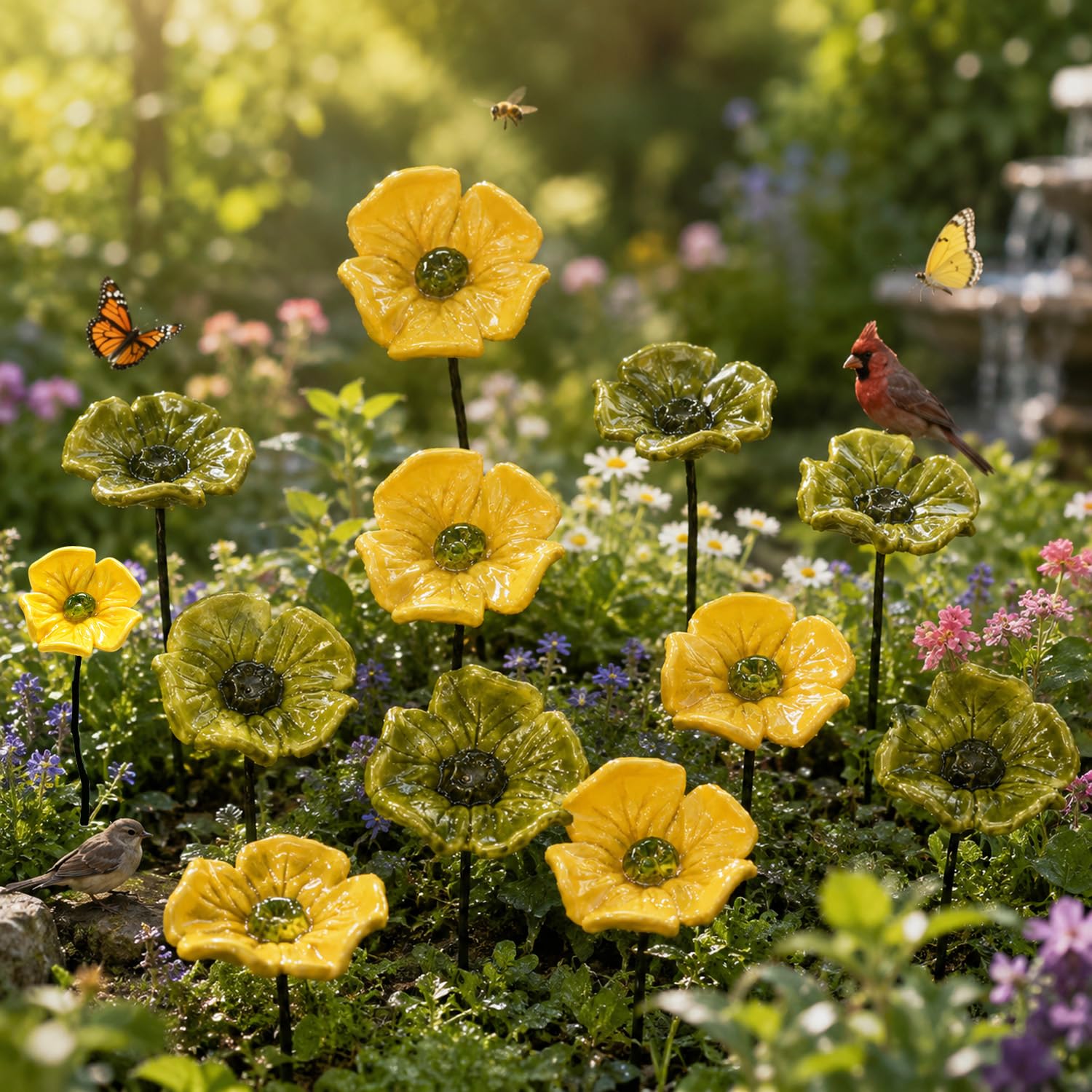Ceramic Flower Pollinator Water Feeders, Outdoor Garden Stakes for Bees, Butterflies and Hummingbirds, Weather-Resistant Garden Decor for Pollinators (12 mixed colors)