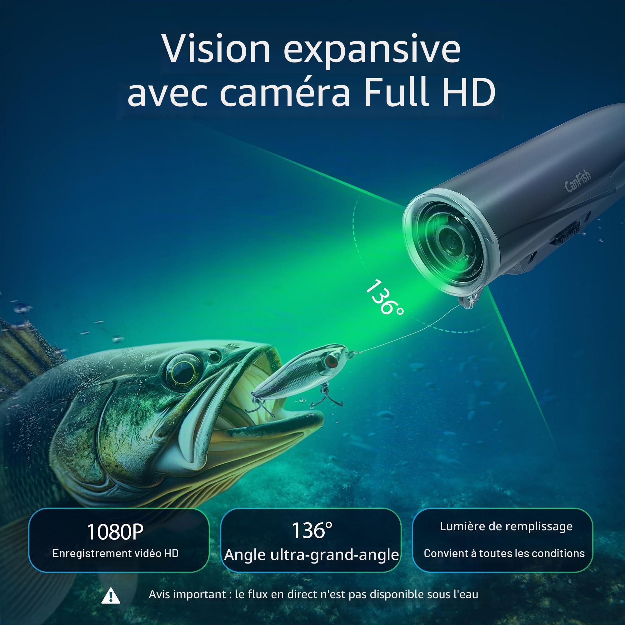 CanFish Fishing CamX Photographique Sous Marine Pêche, Portable Fish Finder avec HD 1080P & 136° Ultra-Grand Angle 200M/656FT ROV Étanche Caméra Pêche Mer Bateau Manque