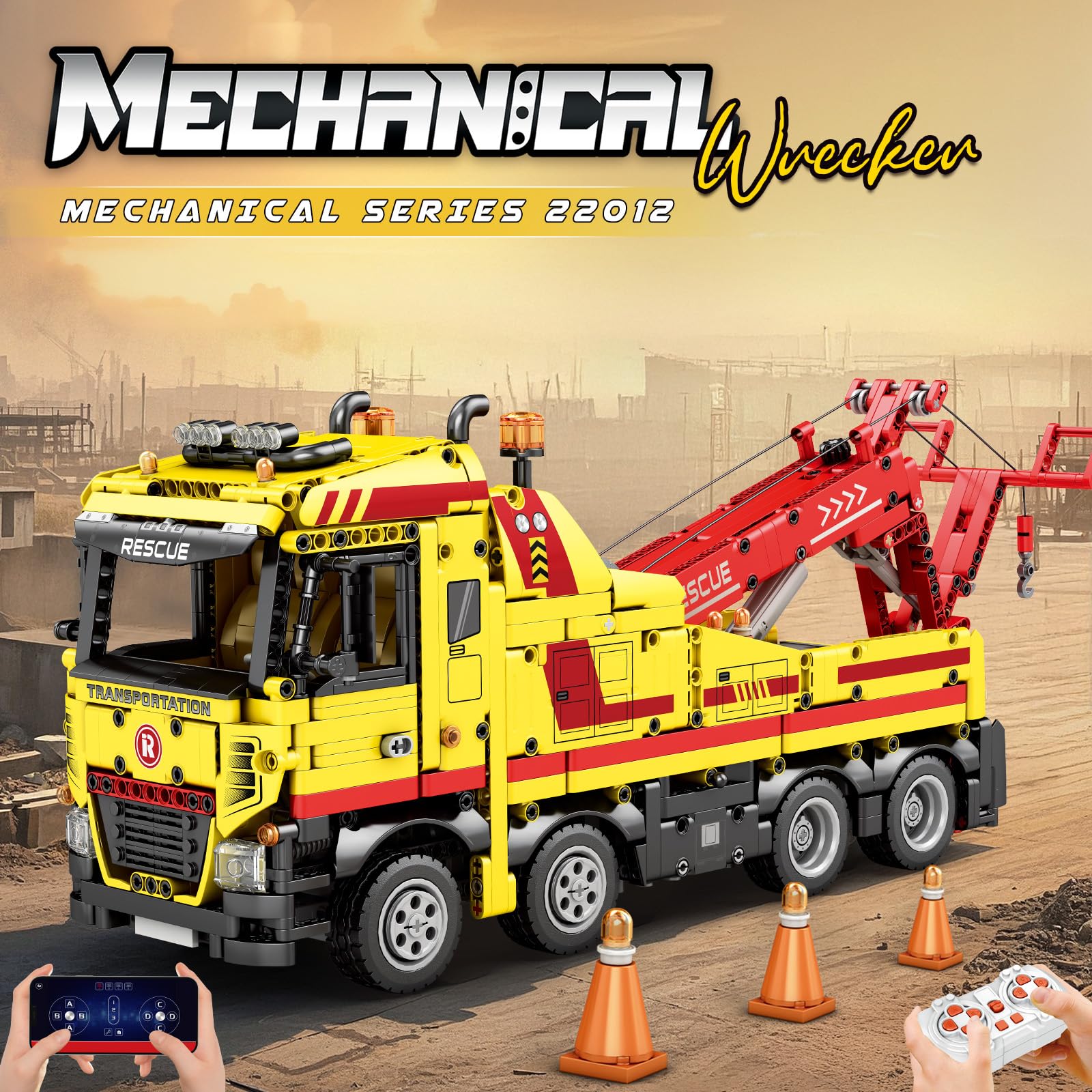 Reobrix Camion de remorquage RC Jouet de construction avec application/télécommande Véhicule robuste de sauvetage avec moteur, grue technique 22012 Brique de construction de voiture Cadeau pour adulte