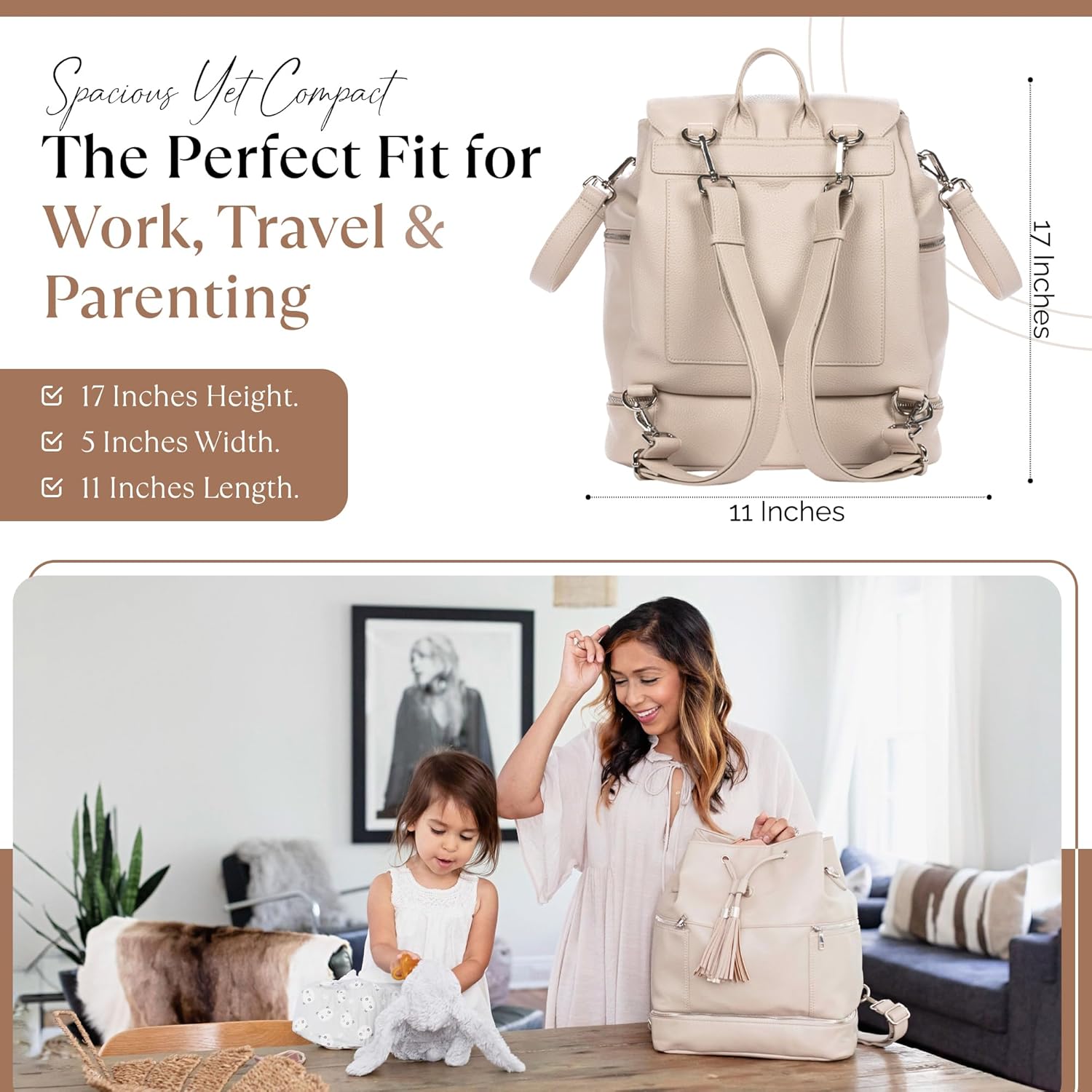 Citi Collective Journey Pearl Vegan Leather Diaper Bag Backpack | Elegant, Multifunctional, Travel Diaper Bag with Changing Pad, Stroller Straps & Insulated Bottle Pockets. - Image 6