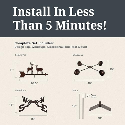 Miniatura 6 de EZ Vane - Veleta de ciervo de acero de 21 pulgadas de altura, incluye soporte de techo de metal, vasos de viento y soportes, hecho a mano y de