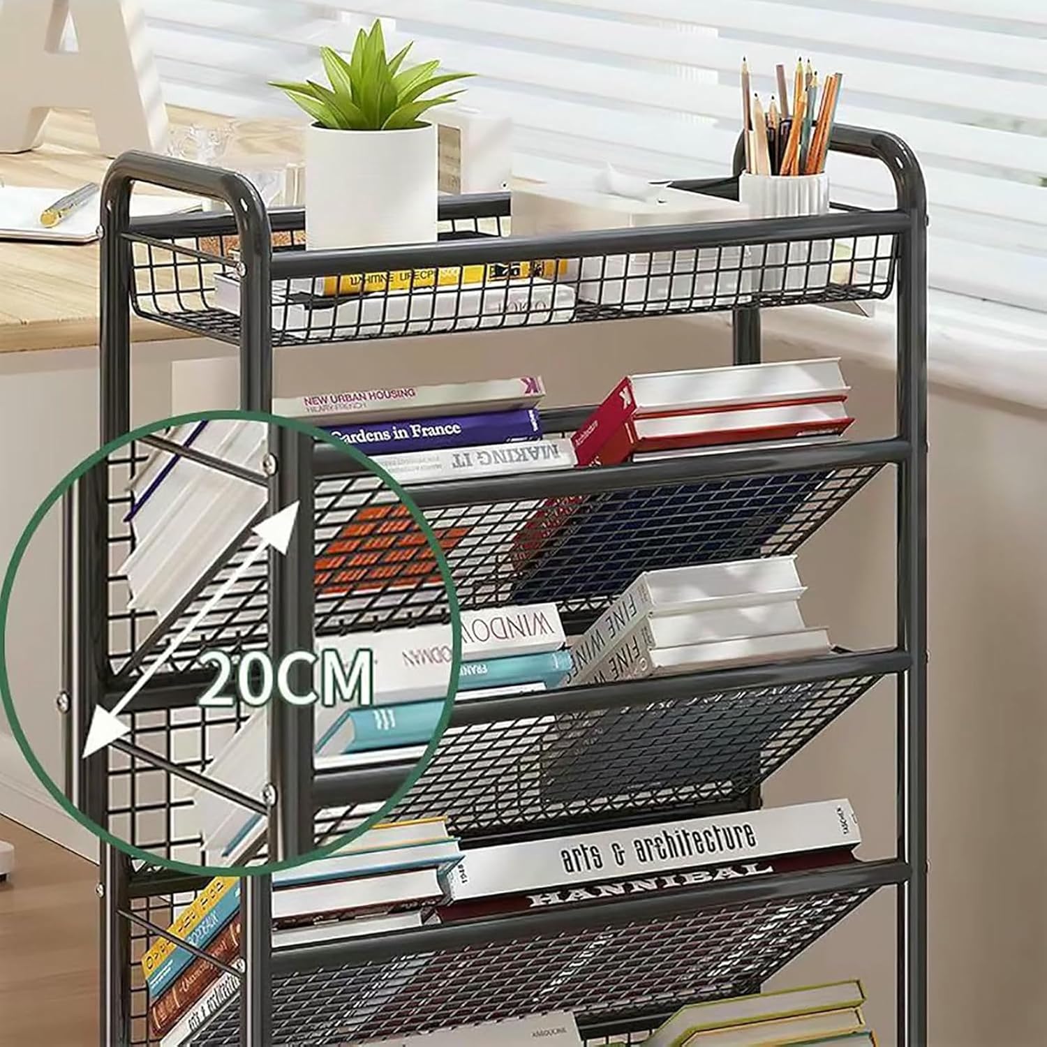 Mobile Bookshelf,Mobile Metal Book Cart with Wheels - Compact Rolling Storage Shelf for Home & Office, Corner Bookshelf Utility Cart for Easy Access to Books & Supplies