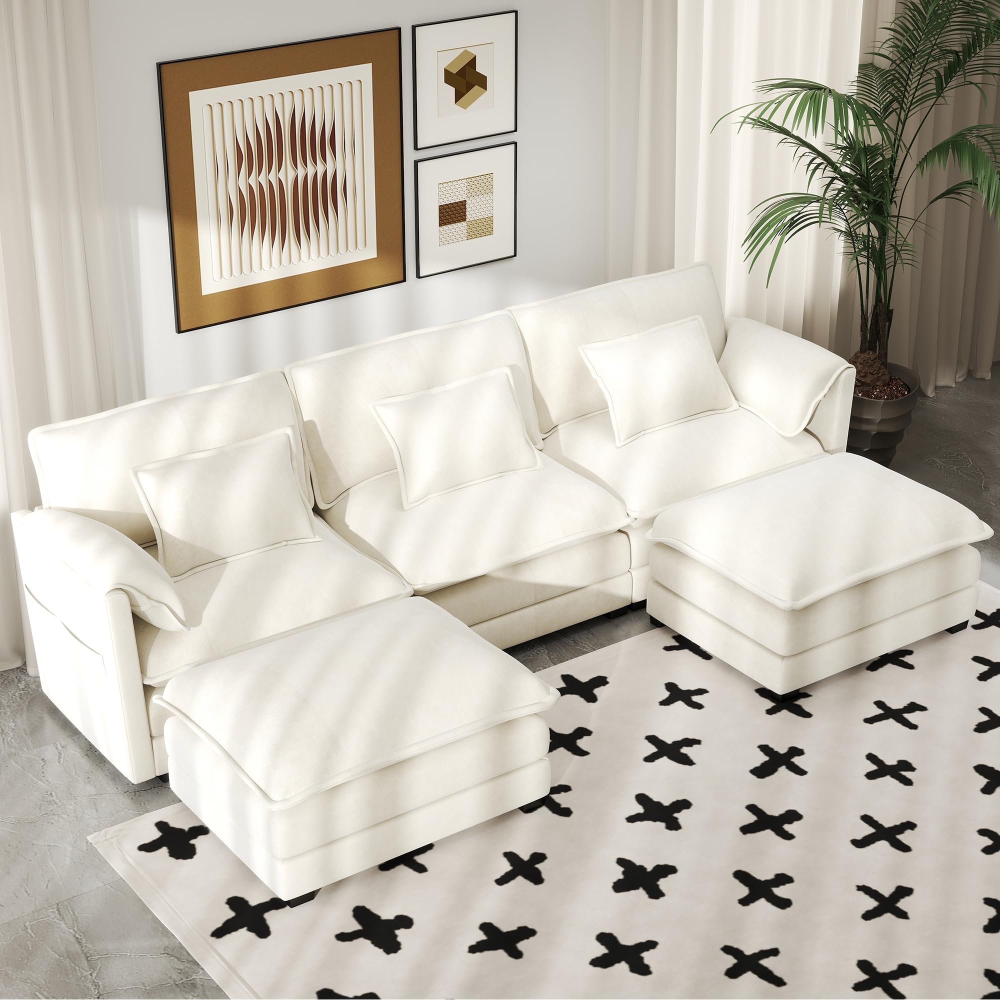 Real Relax 111'' Modular Sectional Sofa, U Shaped Chenille Convertible Couch with Movable Ottoman, 6 Pillows and 2 Armrest Pillows for Living Room, Office and Leisure Places, Beige Chenille-beige 111'' U-Shaped Sofa