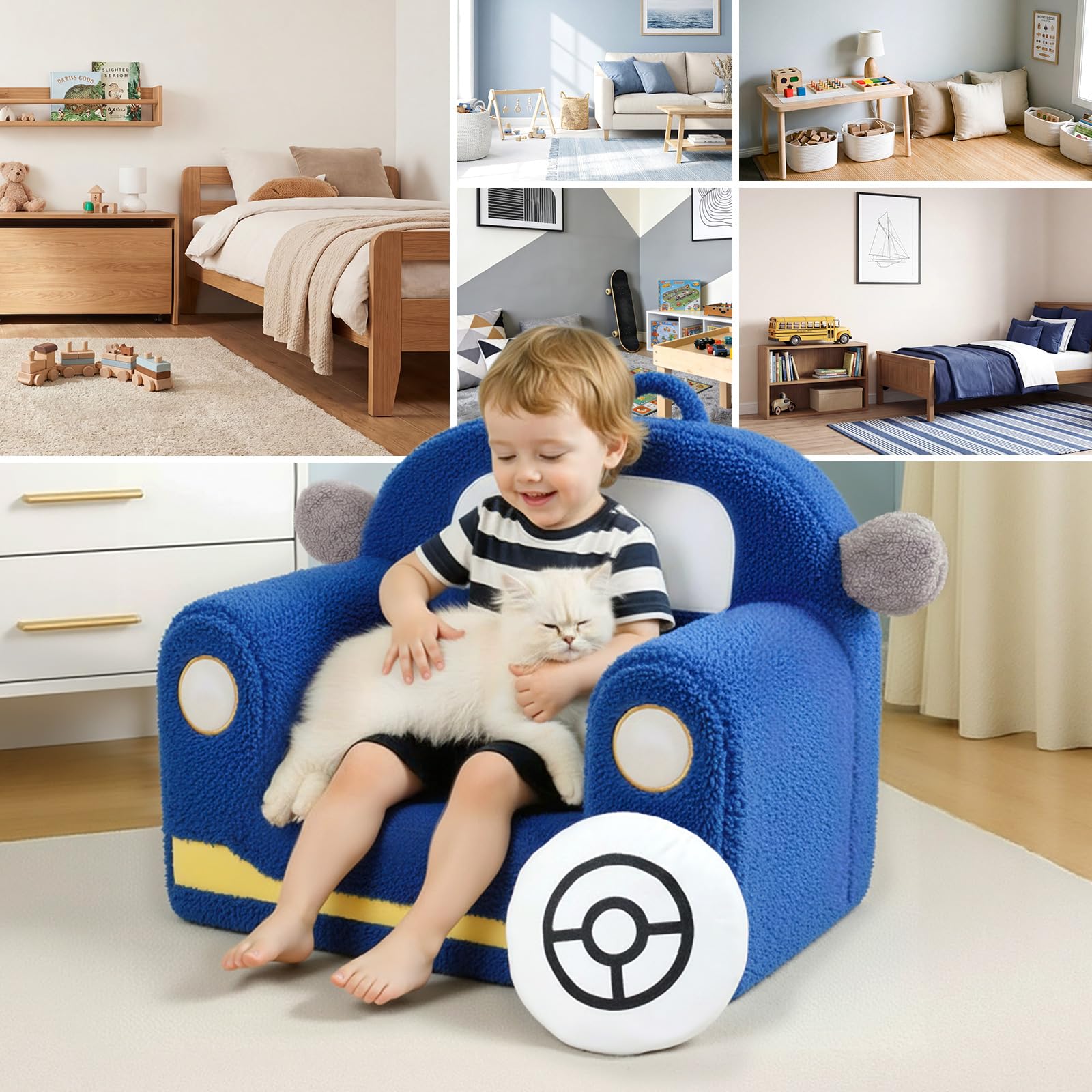 OUOZZZ Kindersofa Kindersessel ab 1 3 6 Jahre - Weich Sherpa Kindercouch mit Kissen, Mini Couch für Kinderzimmer Jungen und Mädchen, Auto Blau