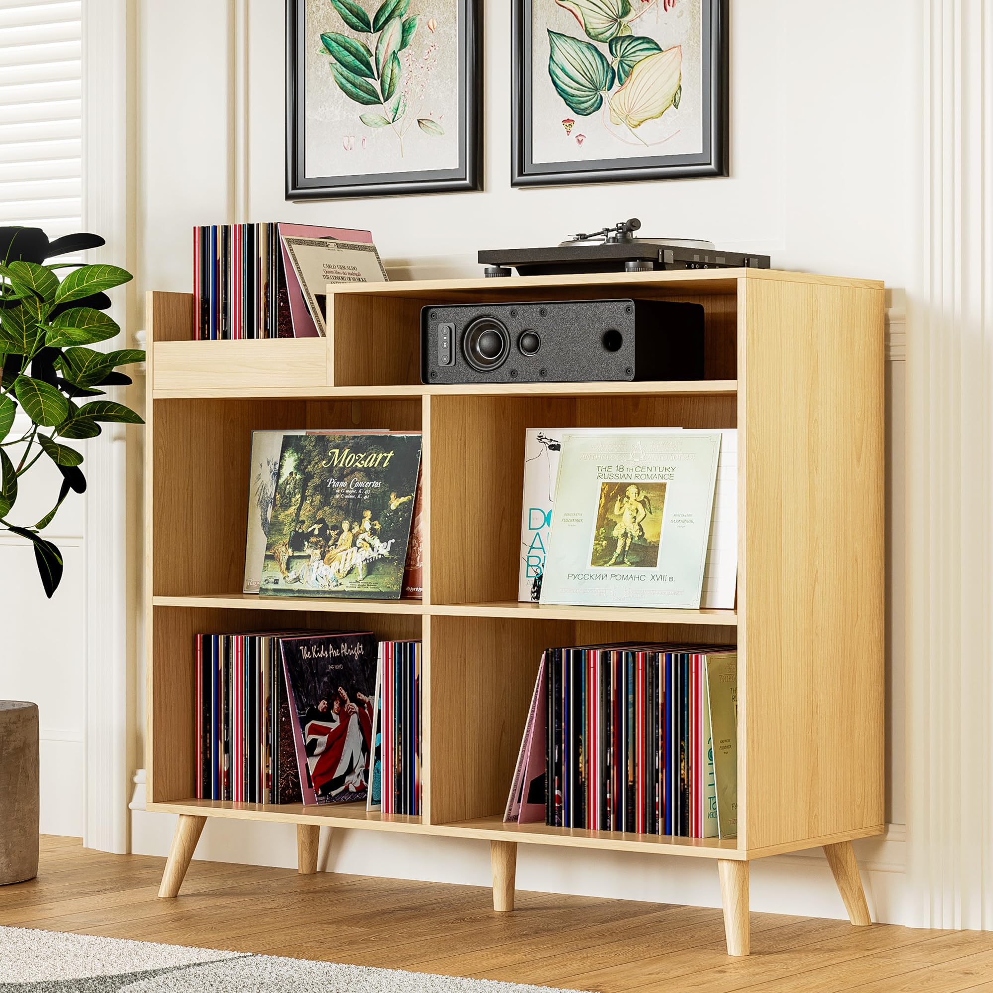 3 Tier Large Record Player Stand with Power Outlet, Vinyl Record Storage Table Holds Up to 500 Albums, Mid-Century Turntable Stand, Oak