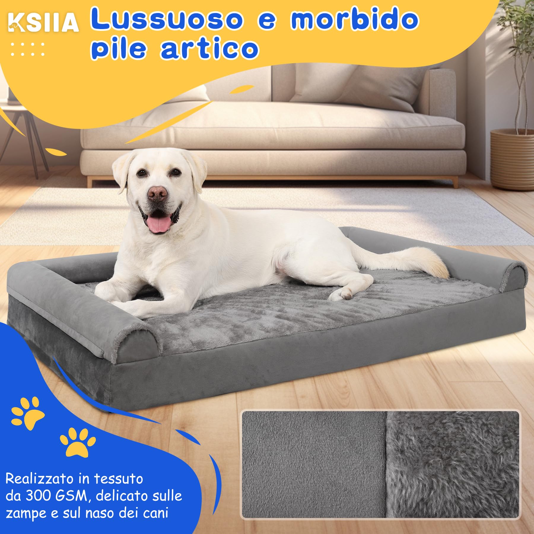 KSIIA Cuccia Cane Interno Taglia Grande 121x76x18cm Letto per Cani Sfoderabile Lavabile Grigio XXL
