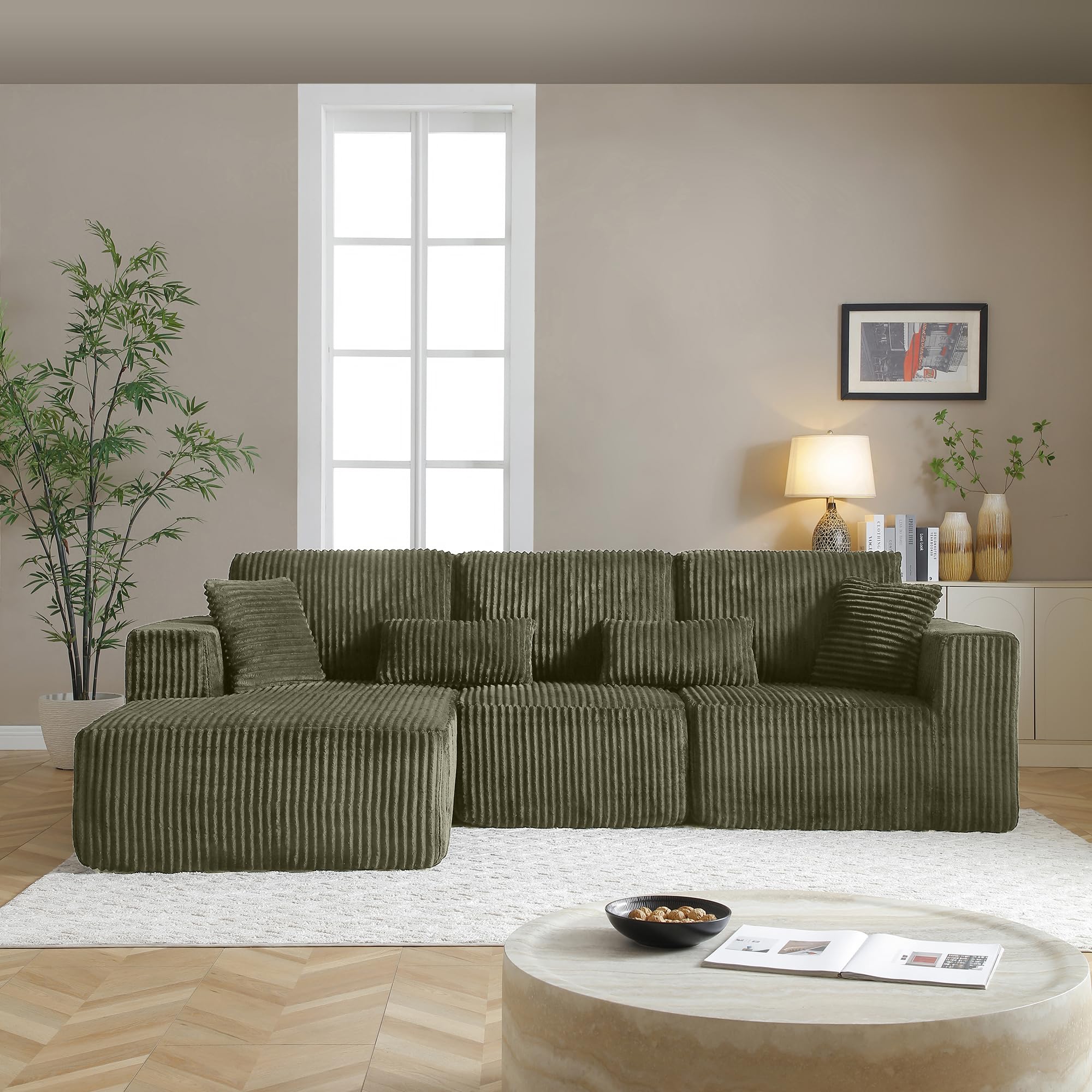 Photo 1 of ***PARTIAL SET***
109" Modular L-Shaped Corner Cloud Sofa Corduroy Modular Couches with Deep Seat, 3 Pieces Compressed Boneless Sofa W/Left Chaise Lounge and 4 Pillows for Living Room