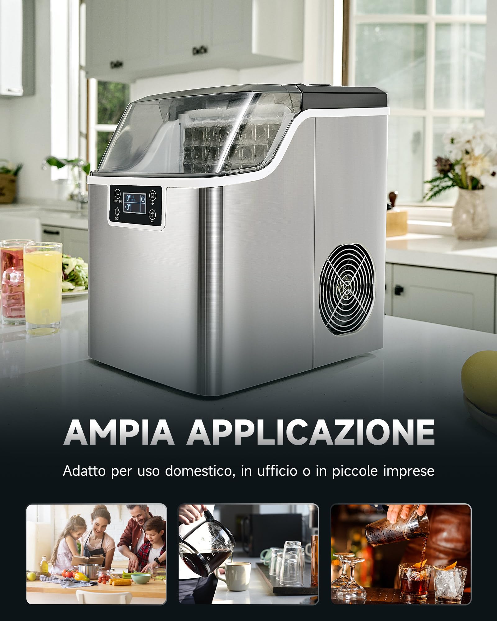 CREWORKS Macchina Ghiaccio 22kg/24h Fabbricatore Ghiaccio 24 Cubetti in 11-20 Minuti Serbatoio 3.2L Macchina per Ghiaccio Autopulente con LCD Pannello per Casa Ufficio Bar Ristorante (24 PCS)