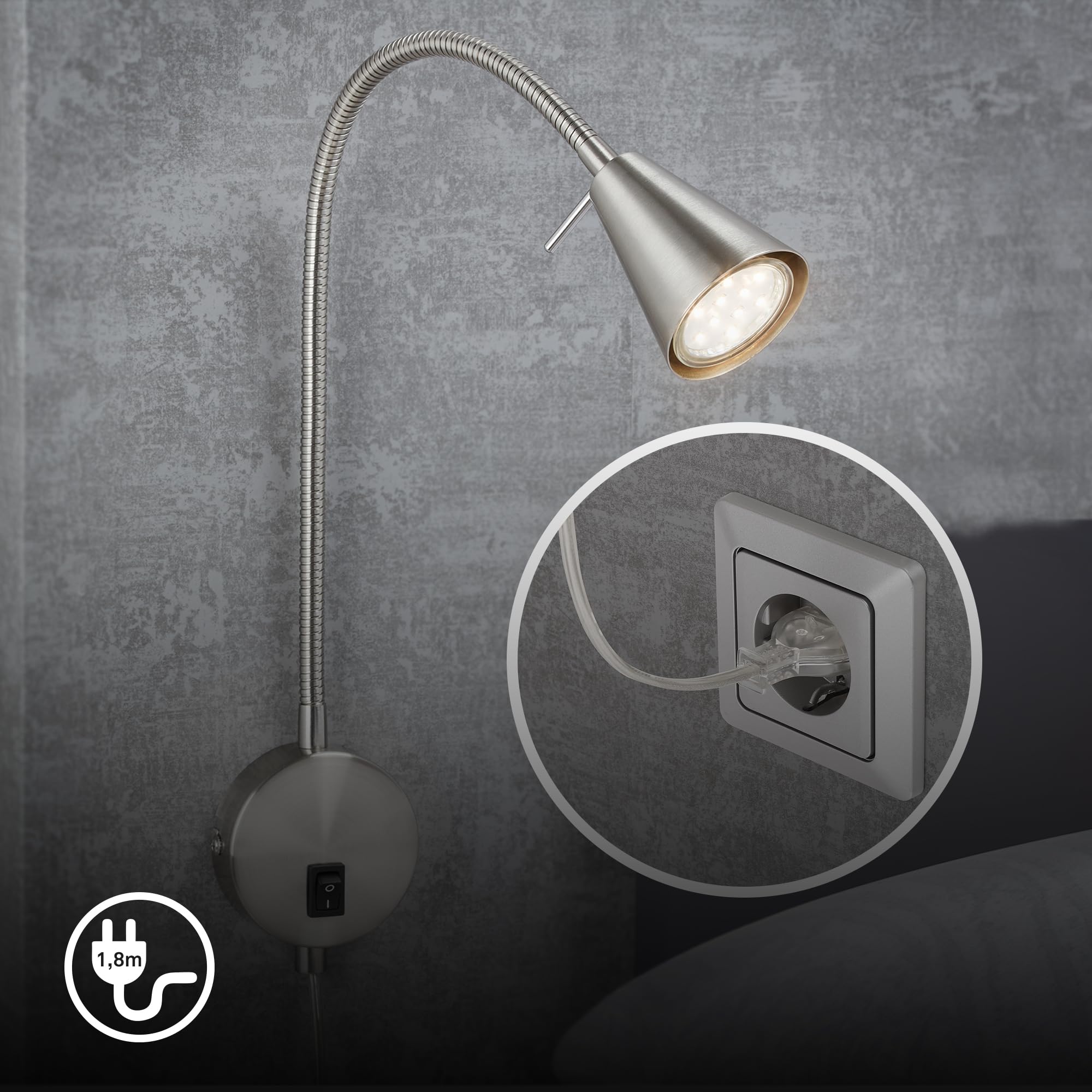 Briloner Leuchten - Lampada da letto a LED,braccio flessibile, incluso interruttore on/off, 4 watt,400 lumen,3.000 Kelvin, metallo,4 W, nichel opaco,450x205 mm (HxA), base: 80 mm (D), testa: 58 mm (D)