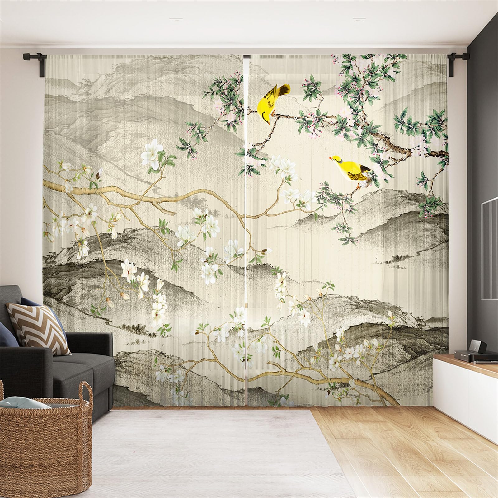Surwin Net Curtains for Windows, Voile Curtain, 2 Panels Chinese Style with Eyelets, Semi Transparent Lightweight Voile Panel for Living Room Bedroom Balcony Decorative (Mountain,W140xH160cm)