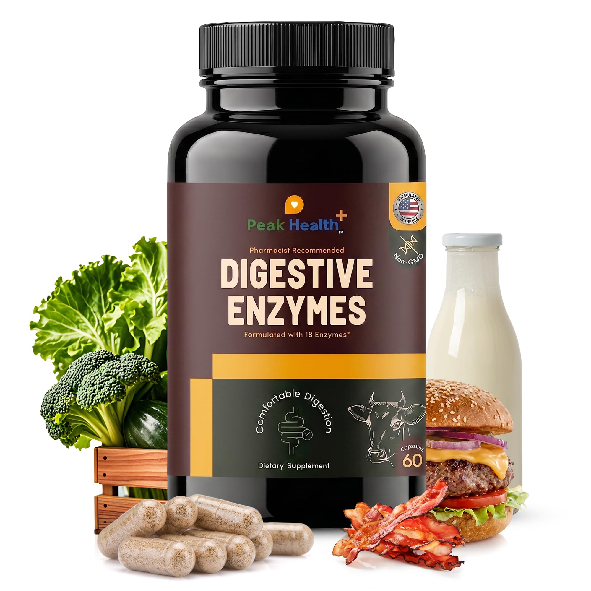 Peak Health, Digestive Enzymes for Foodies | Digestive Support for Meat, Carbs, Fat, Milk and Vegetable Digestion – Pharmacist Formulated 60 Count - USA