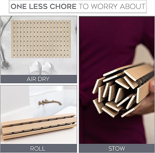 Miniatura 4 de NativeSkins Tapete de ducha de bambú sintético (beige), forro de seguridad antideslizante, impermeable, de secado rápido, tapete de baño de listones