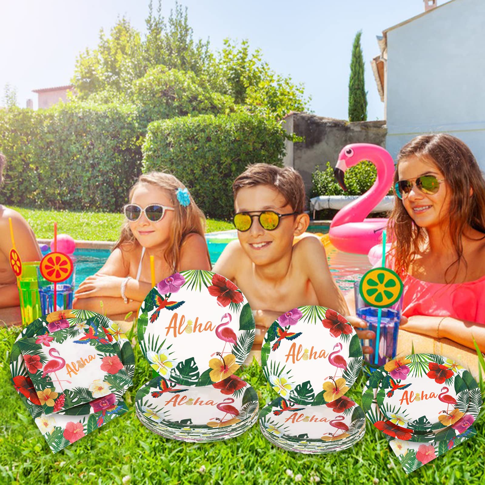 Gukasxi Set di 96 Stoviglie di Hawaiano Set per Feste Tropicali, Forniture per Hawaiano Festa Compleanno Luau Palm Leaf Party Supplies Include piatto, tazza, tovagliolo di carta, Serve 24 Ospiti