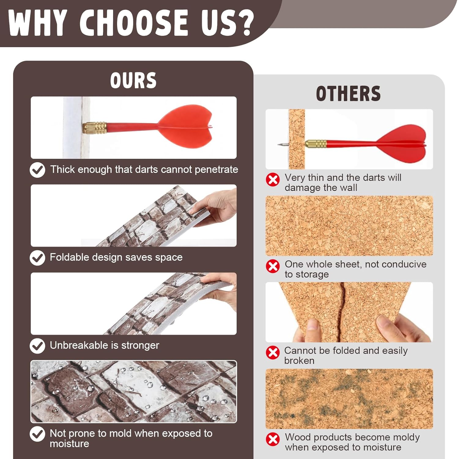 Vinsot Dart Board Wall Protectors 35.4 x 23.6 inch Brick Felt Wall Tiles Removable Dart Board Surround Protector Cork Backboard Alternative