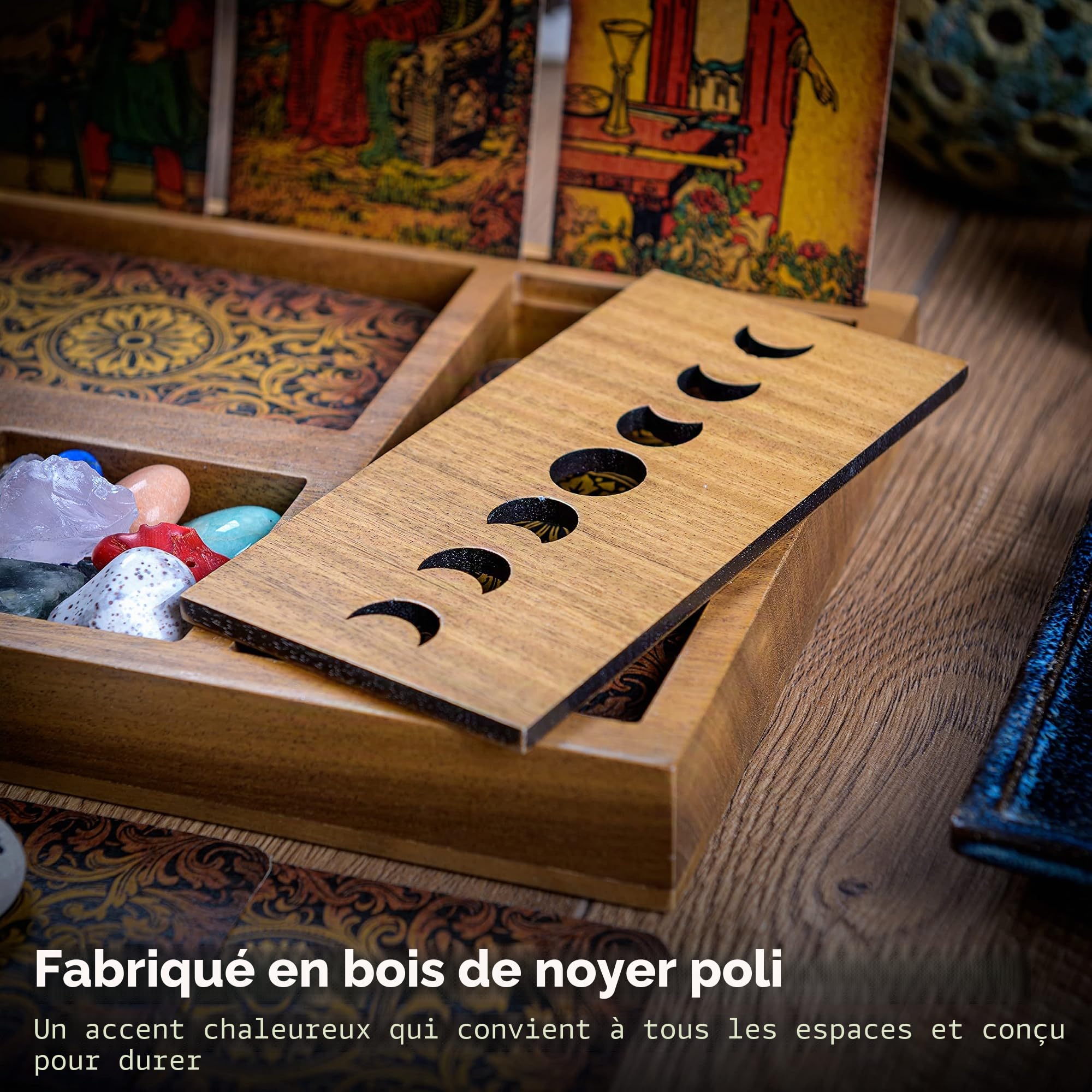 Boîte de rangement pour cartes de tarot avec 3 lectures immersives, support de cartes de tarot et support en cristal Design phase de lune Support de plateau de tarot et plateau en cristal