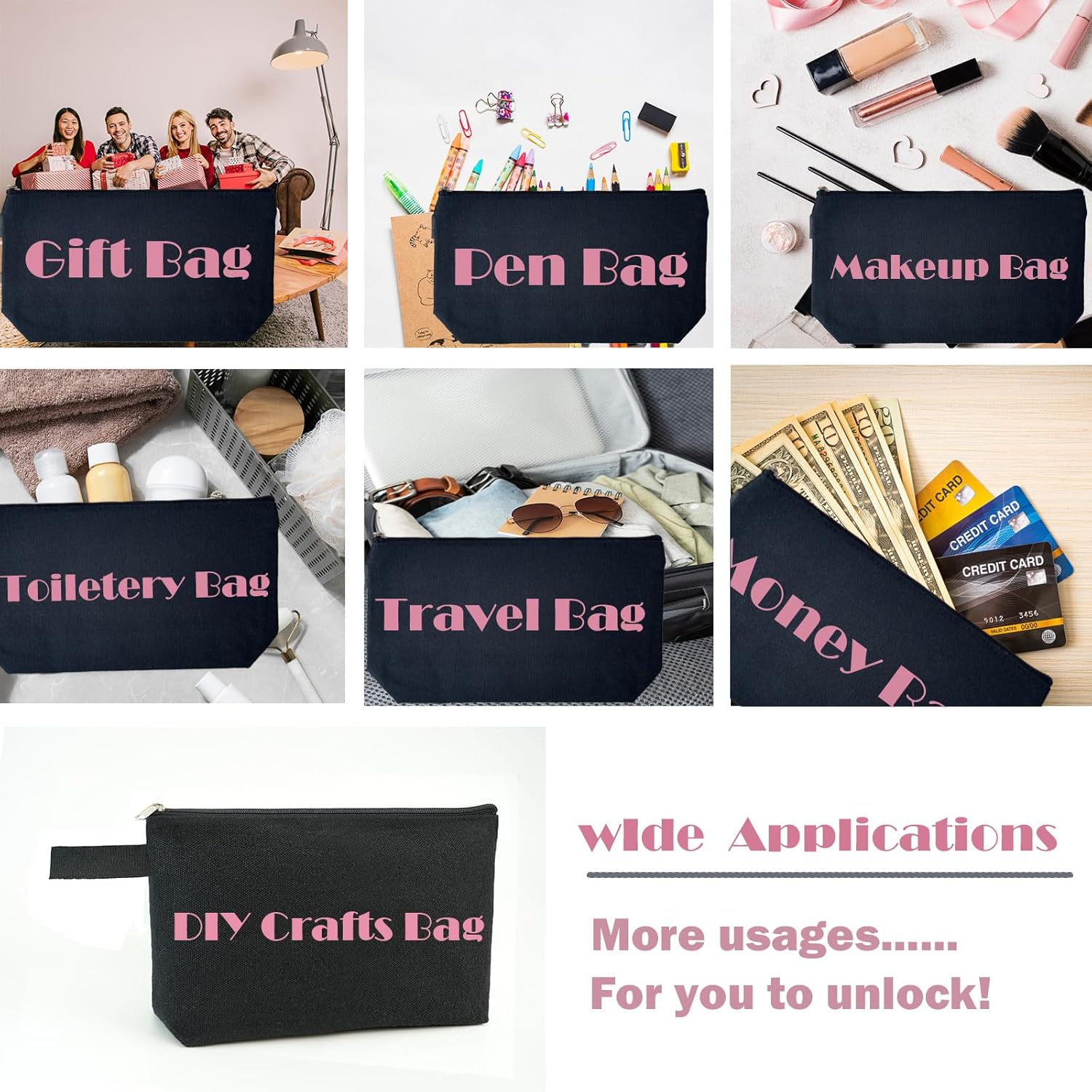 Koolmox 20 Pack Large Canvas Cosmetic Bags with Flat Bottom, 12Oz Thicker Canvas Zipper Pouches for Makeup Toiletry Organization, Pen Cases, Blank DIY Heat Print Pouch (Black, L,12.2x7.4x 2.7'') - Image 5