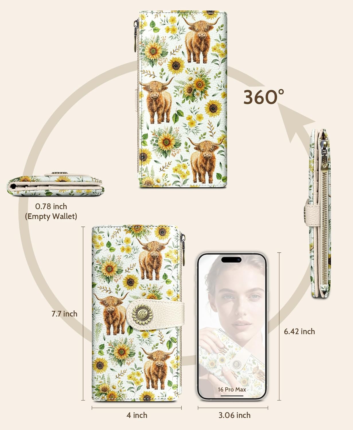 GIANCOMICS Highland Cow Womens Wallet RFID Blocking, Sunflower Credit Card Holder Bifold, PU Leather Travel Billfold, Long Cute Cash Purse, Zipper Coin Pocket Clutch, 11 Card Slot, Ladies Gift Woman - Image 5