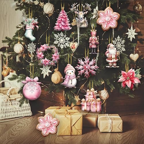 Miniatura 4 de 24 adornos de madera de Navidad rosados, muñeco de nieve de Navidad, Papá Noel, alce, guirnalda de madera, adornos de Navidad Haniging, colgantes