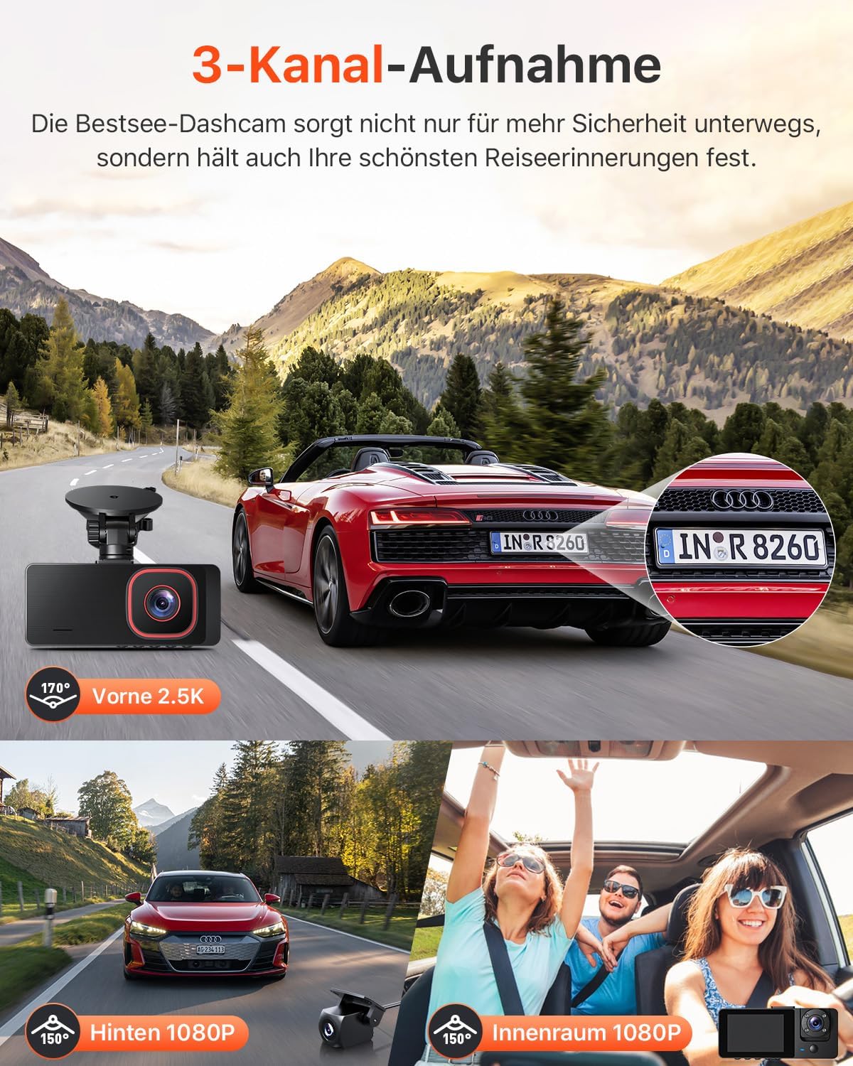 Diagram showing Bestsee M22PRO 3-channel recording from front, interior, and rear cameras