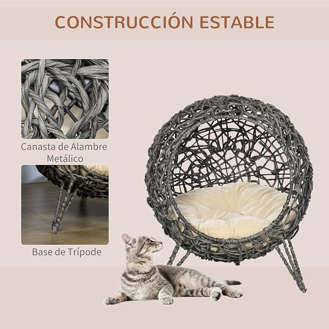 Foto 5 de 8 de PawHut Cama Cueva de Ratán para Gatos o Mascotas Pequeña con Base Trípode Cojín de Felpa y Algodón Suave…