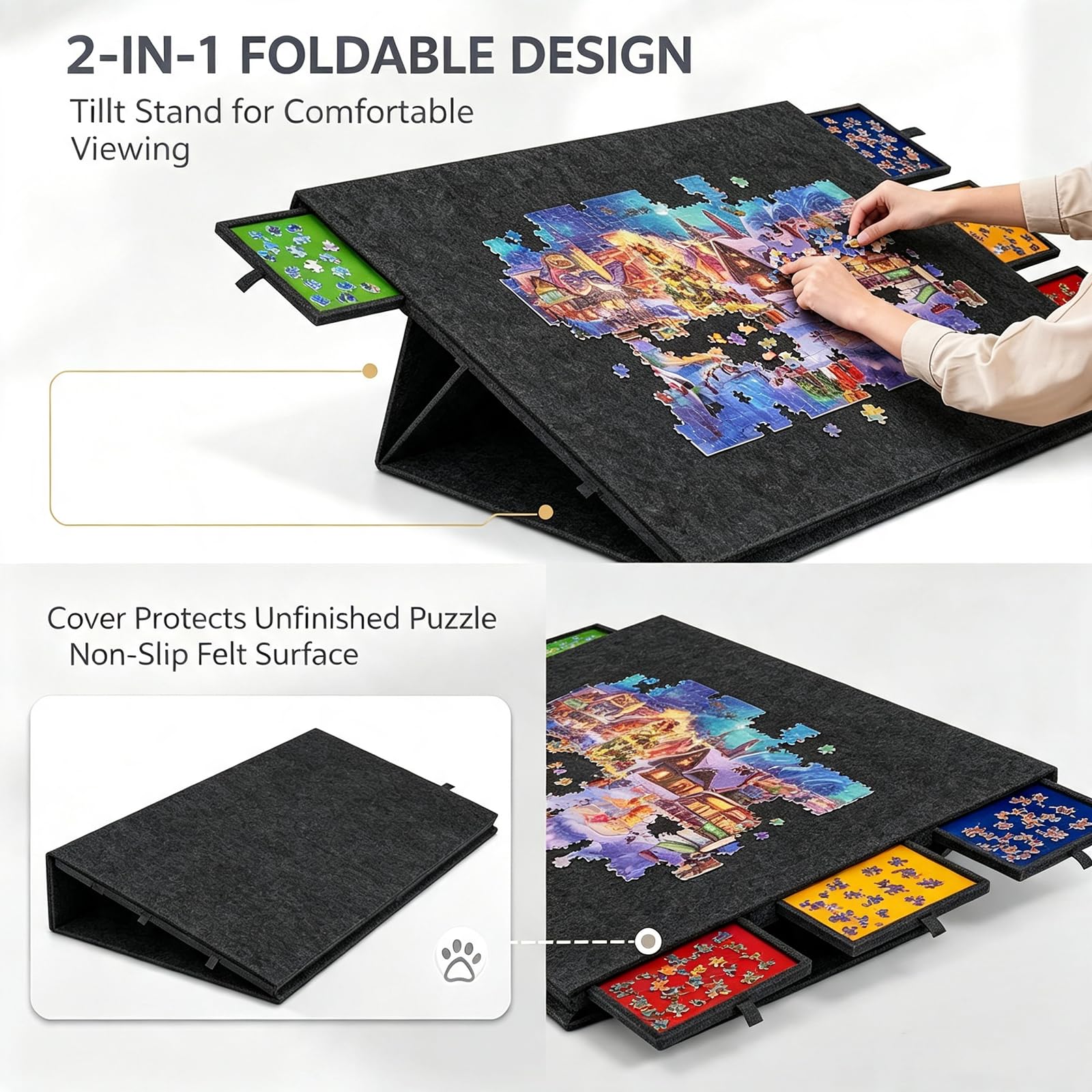Mesa Puzzle 2000 Piezas Inclinable 6 Cajones, Tablero Plegable de Fieltro