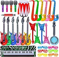 MaxFun 30PCS Inflatable Rock Star Toy Set - 80s 90s Party Props, Blow Up Guitars, Saxophones, Microphones for Rock Band Carnivals & Birthdays