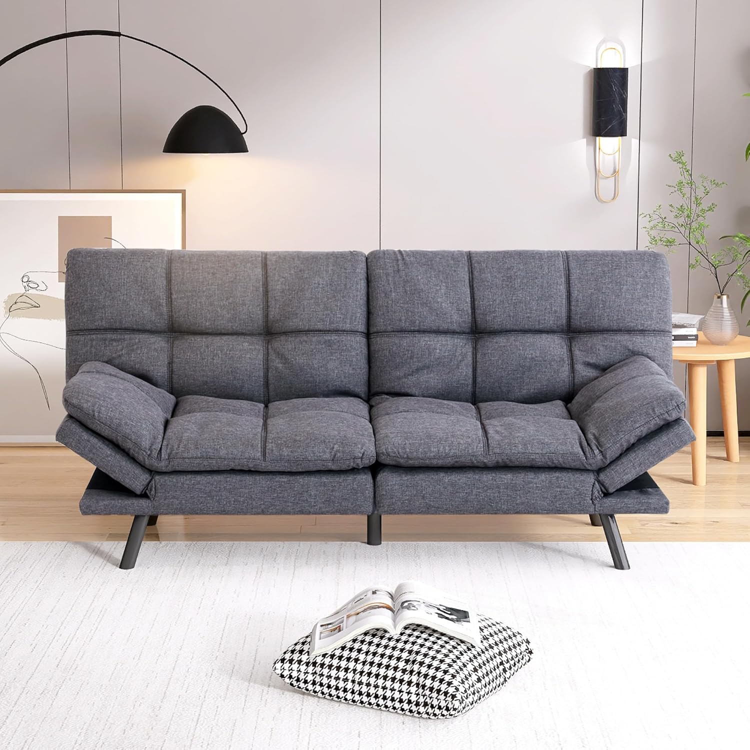 Futon Sofa Bed, Memory Foam Futon Sleeper Sofa Loveseat Convertible Couch Bed for Small Compact Living Spaces,Apartment,Grey Linen Fabric