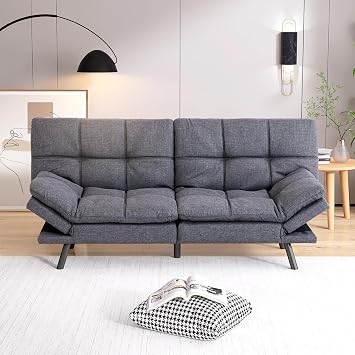 Futon Sofa Bed, Memory Foam Futon Sleeper Sofa Loveseat Convertible Couch Bed for Small Compact Living Spaces,Apartment,Grey Linen Fabric