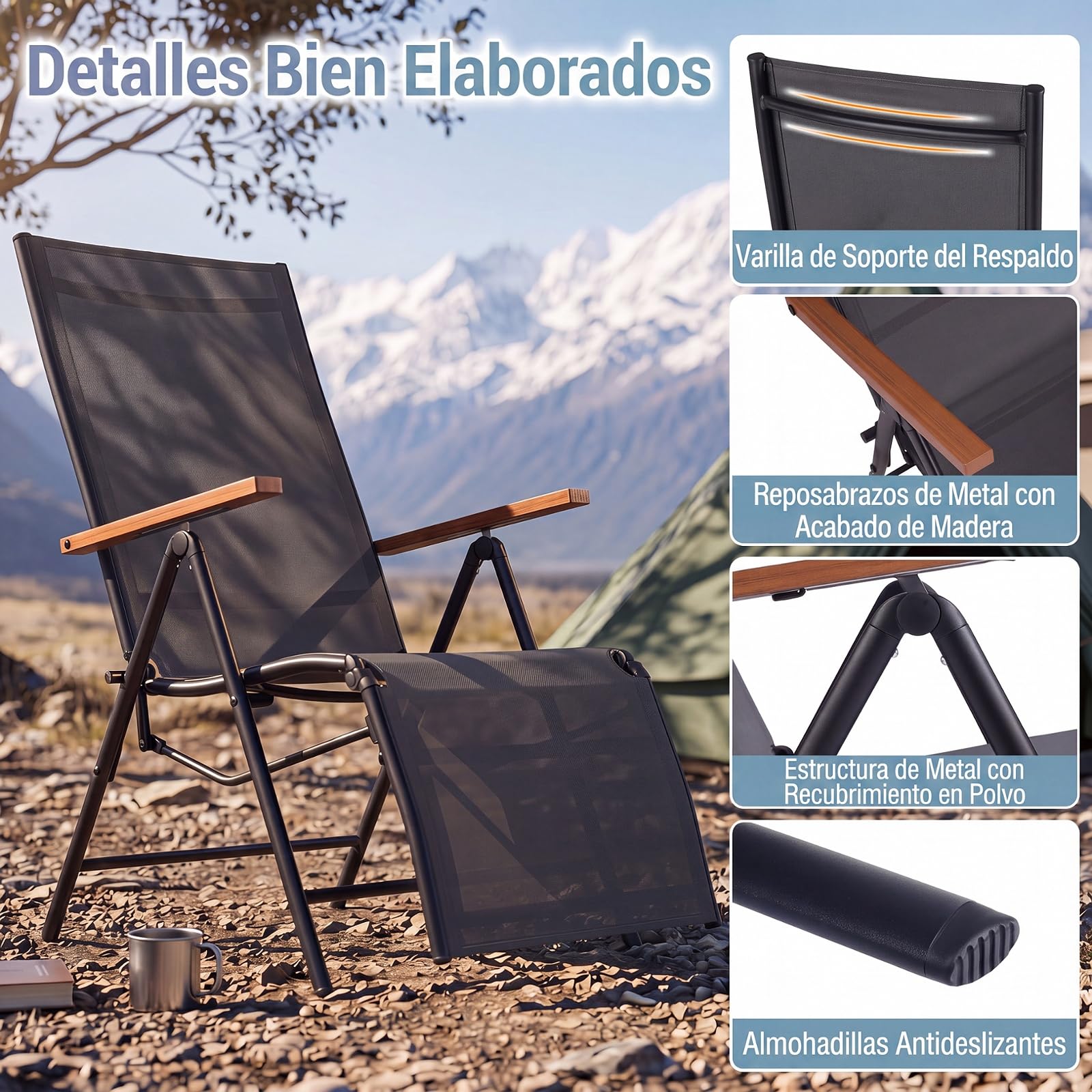 COSTWAY 1/2 Tumbona Plegable, Textilene, Respaldo en 5 Posiciones (Negro,2)