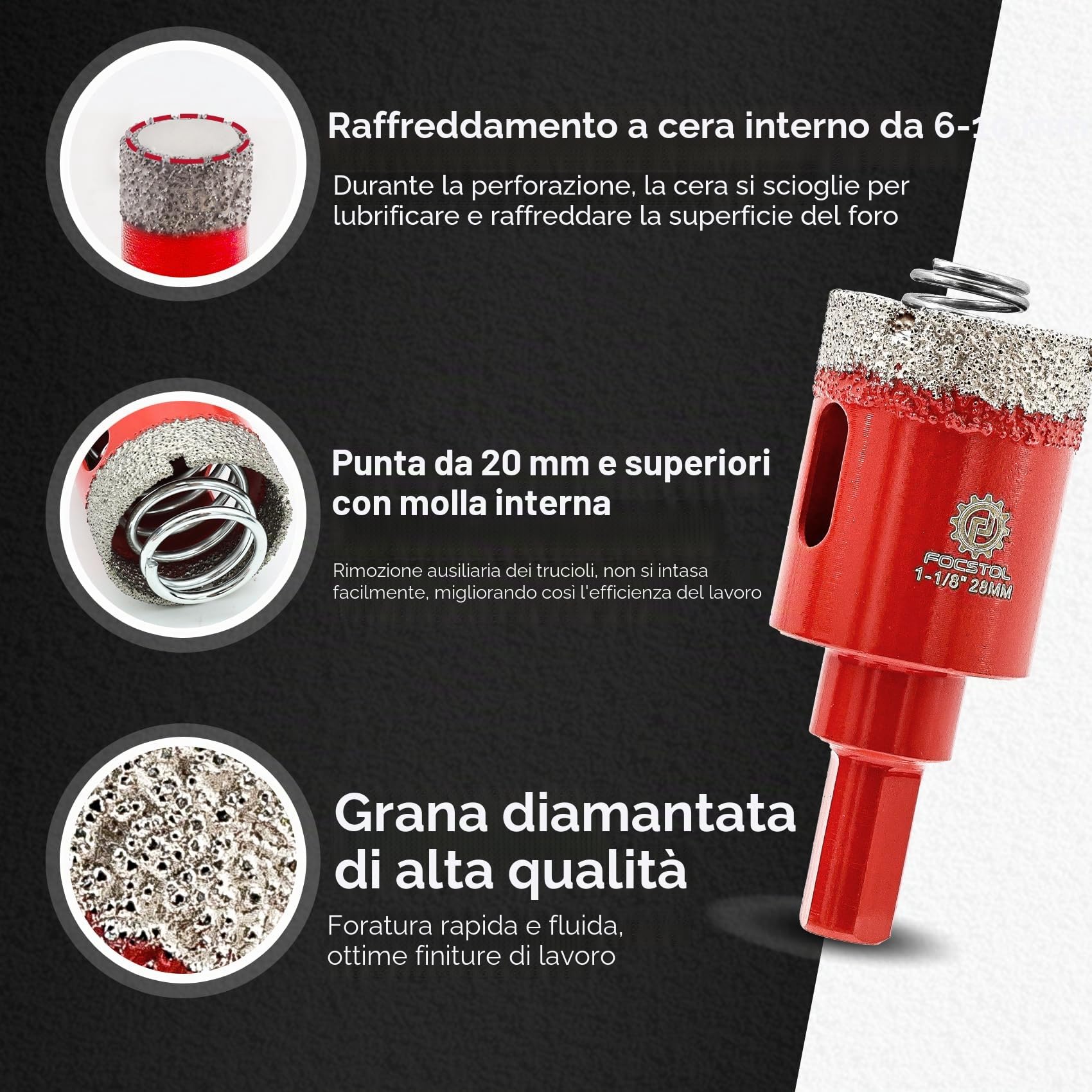 FOCSTOL Punte Diamantate Gres Porcellanato - Punte Trapano Diamantate per Piastrelle Ceramica 13 pezzi (6/8/10/25/28/32/35/45/65mm+50mm Punte per Smusso+20mm Trapano Fresa+6/6mm Punta in Carburo)