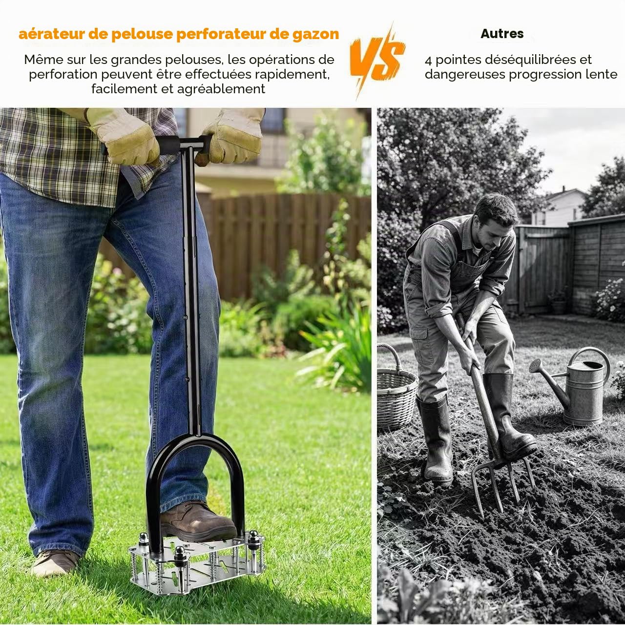 Aérateur de Gazon à 14 Picots, Aérateur de Pelouse Manuel avec Semelle Antidérapante – Scarificateur et Aérateur pour Sol Compacté, Outil d’Aération pour Gazon, Jardin et Pelouse