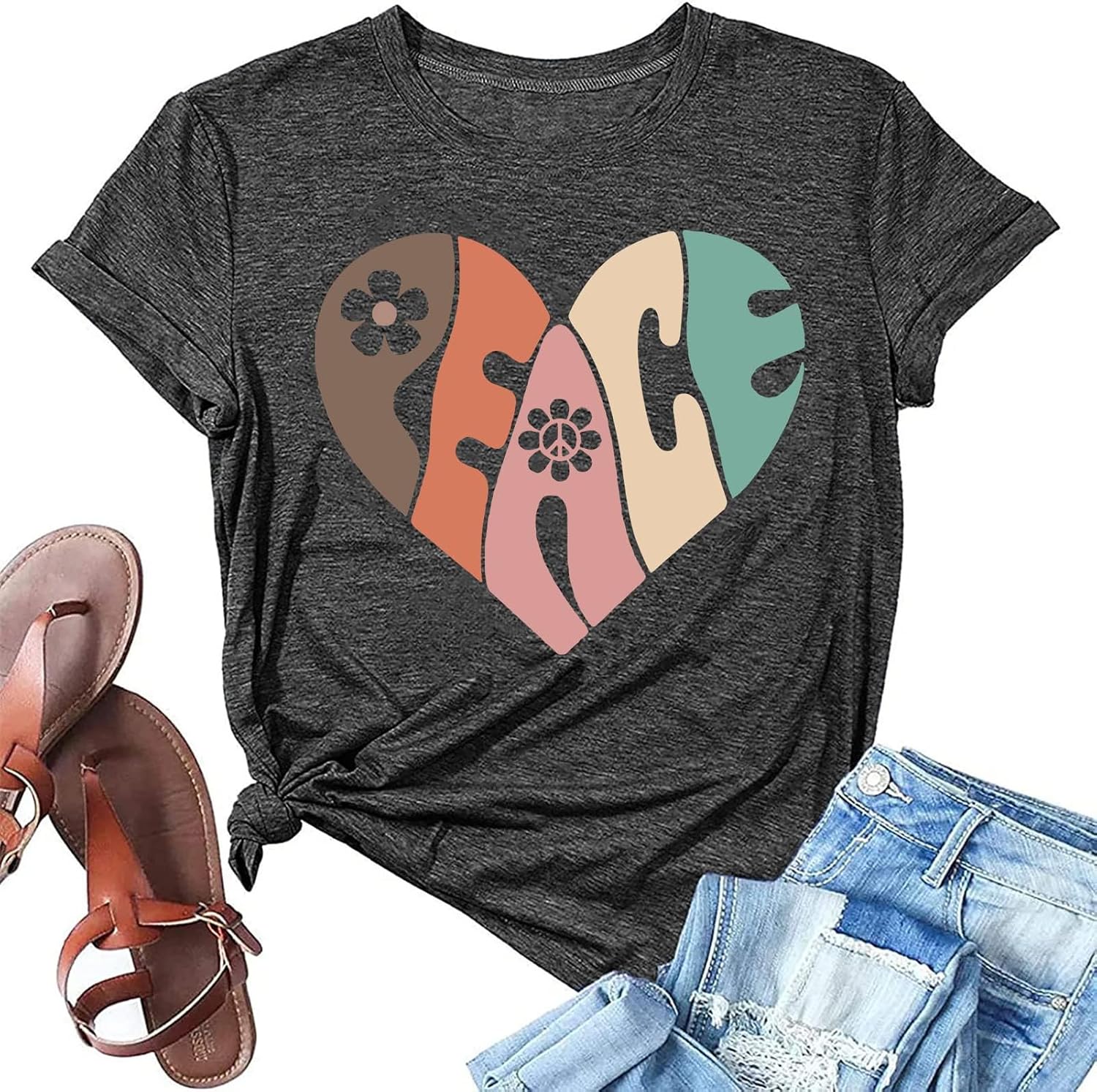 Women 70s Hippie Shirts Peace Love Soul Inspirational Hippy Tops Vintage Graphic Tees Short Sleeve - Sleeveless - Image 6