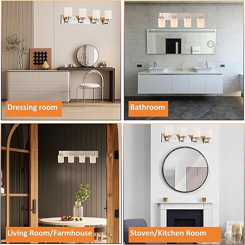 Miniatura 6 de Lámpara de tocador de baño, níquel cepillado, 4 luces de 32 pulgadas, montaje desplazado, aplique de pared moderno, vidrio blanco y placa trasera