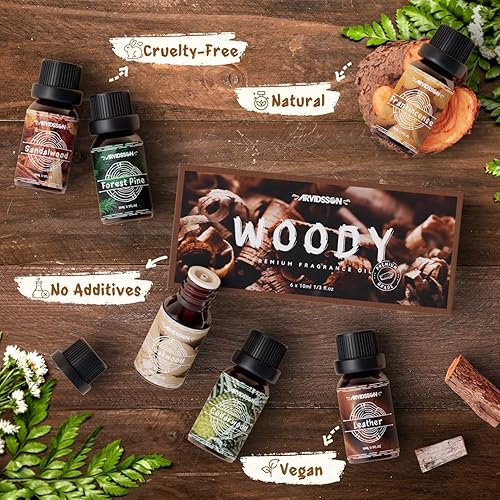 Miniatura 5 de ARVIDSSON - Juego de aceites esenciales Woodsy para hacer velas, sándalo, cuero, madera de teca, incienso, madera de cedro, pino, difusor de aceite