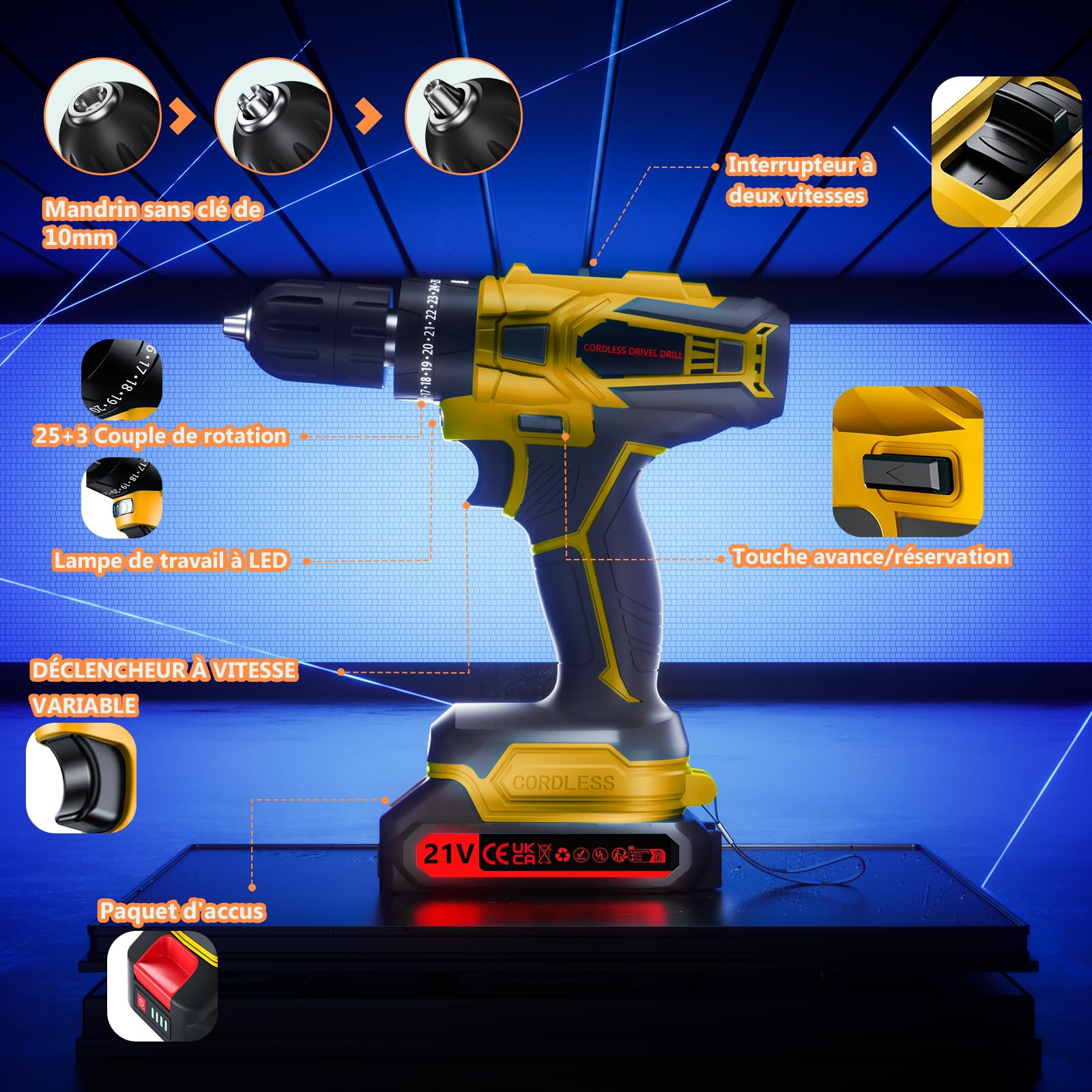 Perceuse Visseuse Sans Fil 21V Avec Batterie 4000mAh, 45Nm de couple max 25+3 positions de couple(2 vitesses & LED), 2 batteries 2,0Ah et chargeurpour la maison et le jardin projet DIY (Jaune)