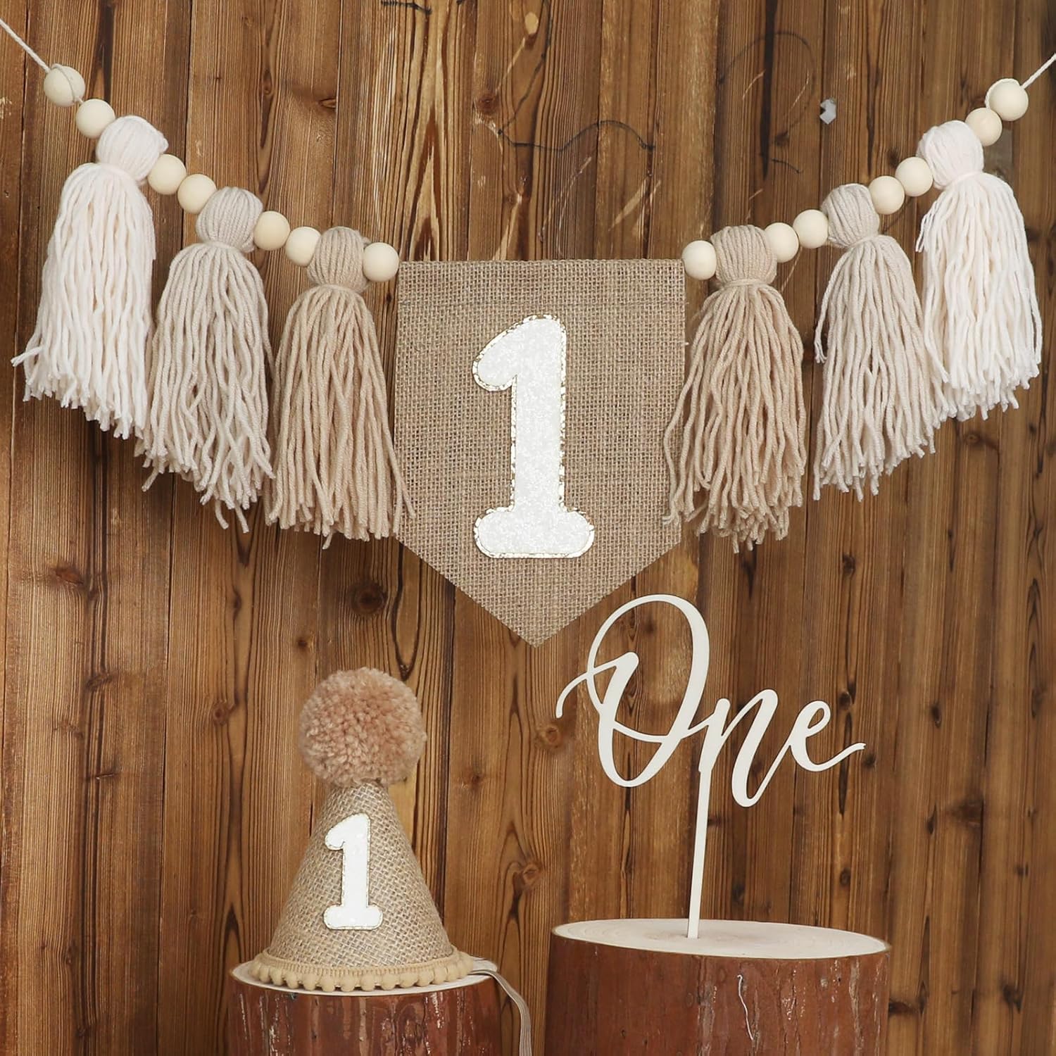 Striscione per seggiolone per primo compleanno, decorazione per primi ragazzi, cappello a cono cachi con un topper per torta sfondo fotografico (Kahaki 2)
