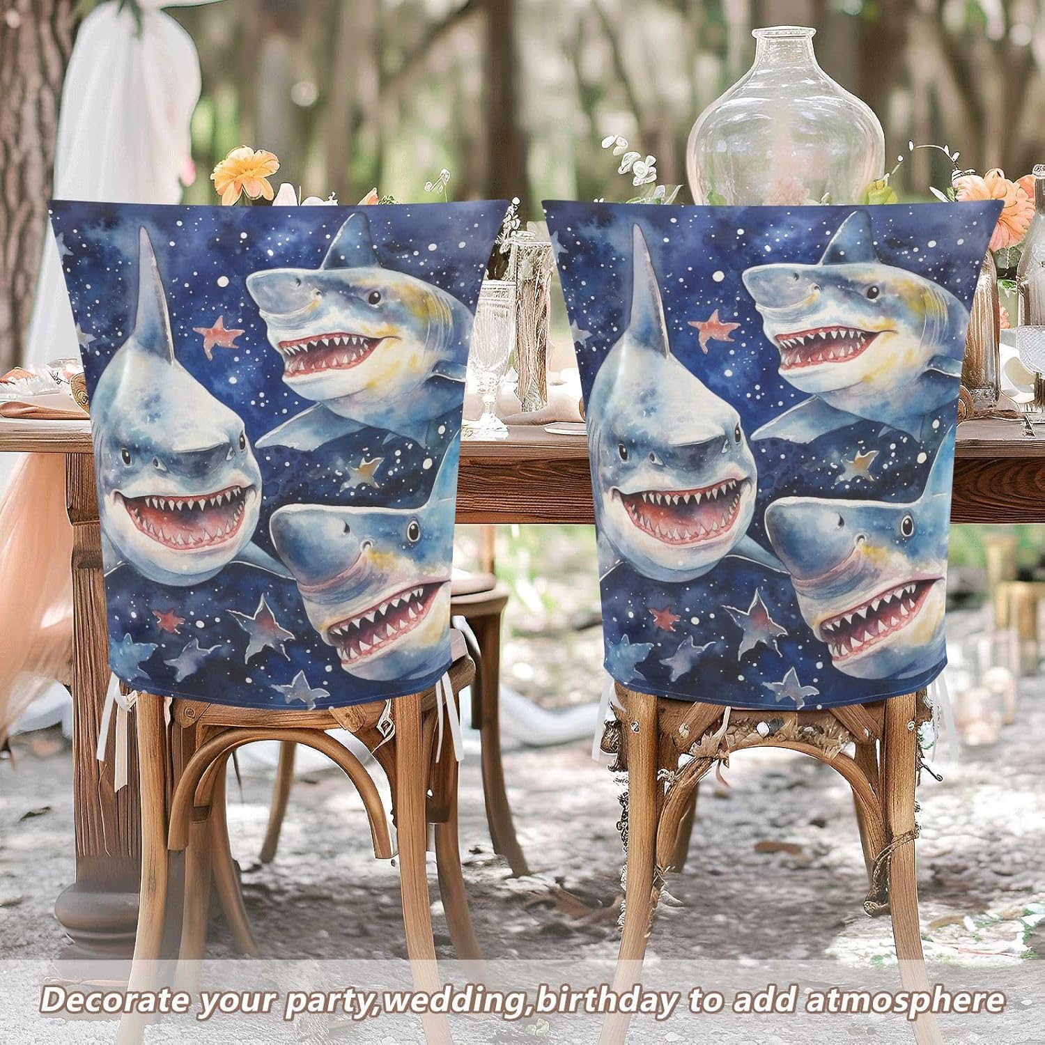 ALAZA Happy Sharks Stars Chair Back Cover Set of 6, Washable Reusable Removable Chair Slipcovers Decorative Chair Cover for Home Kitchen Wedding Party