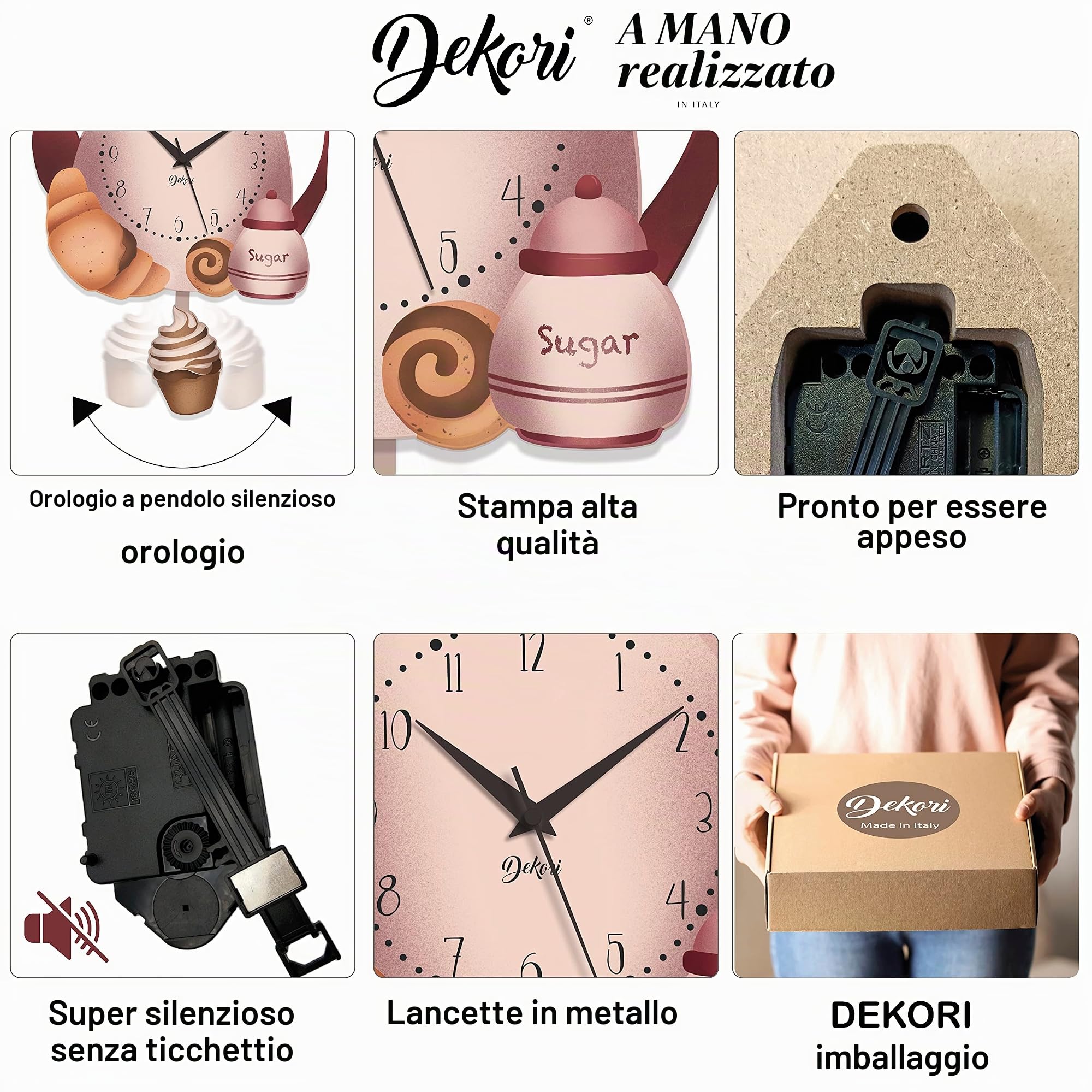 DEKORI Orologio da Parete con Pendolo – Design Caffettiera e Dolcetti, Silenzioso, Artigianale, in Legno, per Cucina o Casa, 28x41 cm