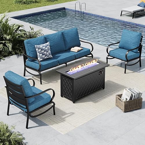 Miniatura 35 de MFSTUDIO Juegos de muebles de patio con mesa de fogata de gas de 45 pulgadas, 8 piezas de conversación de metal para exteriores con 1 sofá de 3