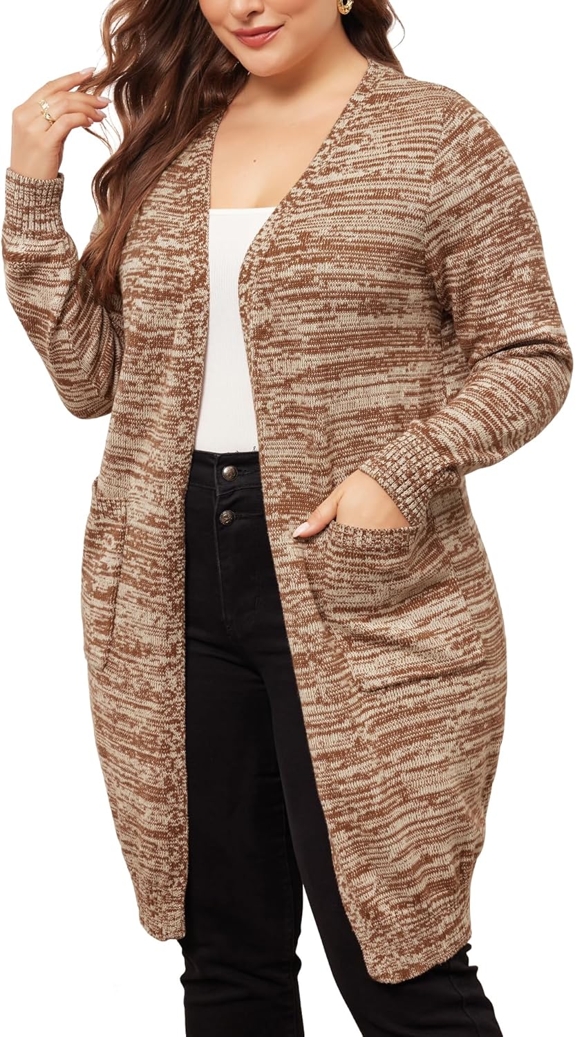 Agnes Orinda Plus Size Sweater Cardigan for Women Contrast Color Open Front Long Sleeve with Pockets Cardigans Sweater Coat - Image 2
