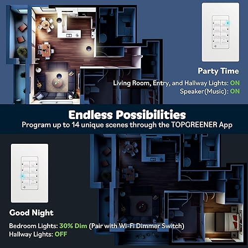 Miniatura 2 de TOPGREENER Interruptor de luz inteligente, controlador de escena Wi-Fi, automatización del hogar programable de 8 botones, requiere cable neutro,