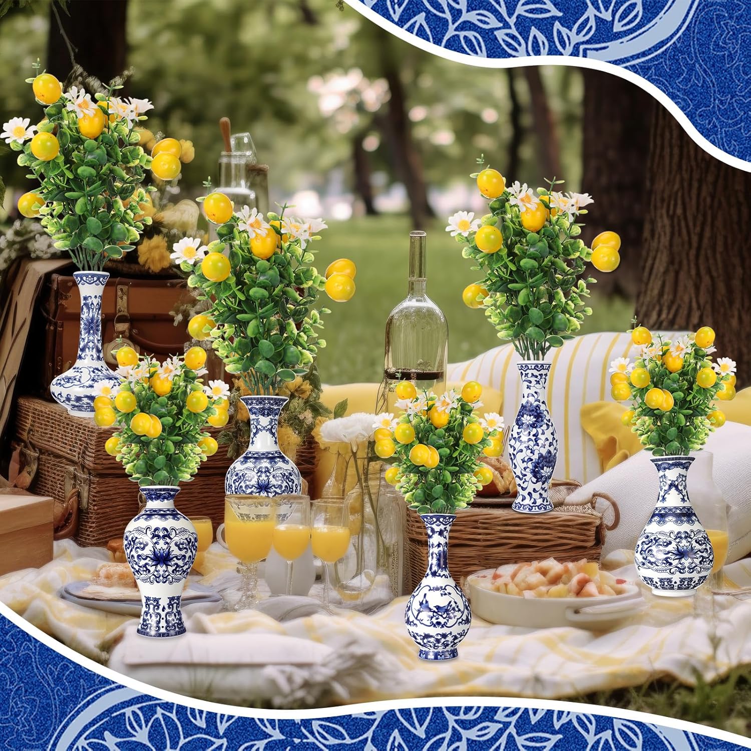 Vesici 6 Set Blue Tiles Lemon Table Centerpiece Decor, 6 Small Porcelain Blue White Bud Vase and 6 Artificial Lemon for Capri Mediterranean Positano Wedding Birthday Amalfi Coast Party Decor