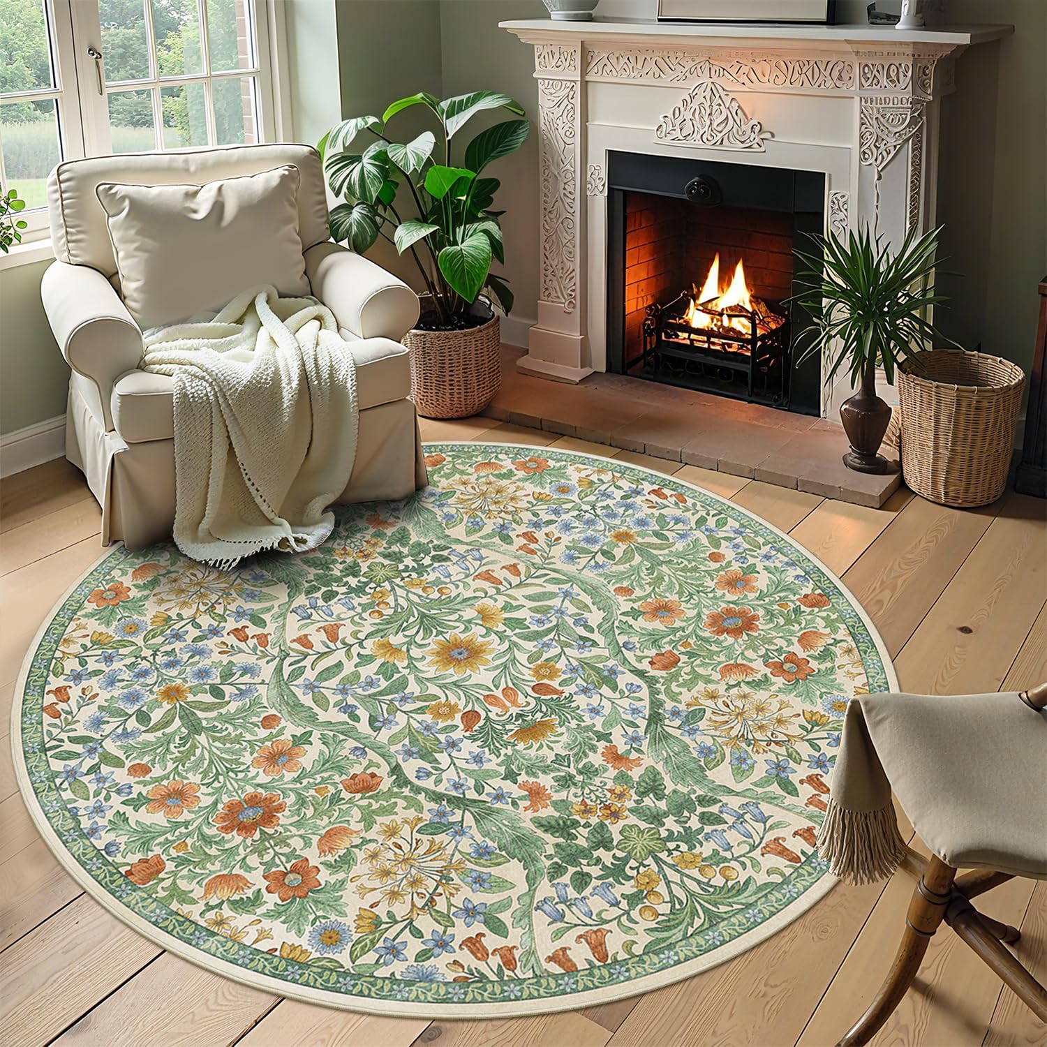 Round Rug 6ft Floral Circle Rug Green Botanical Indoor Area Rugs