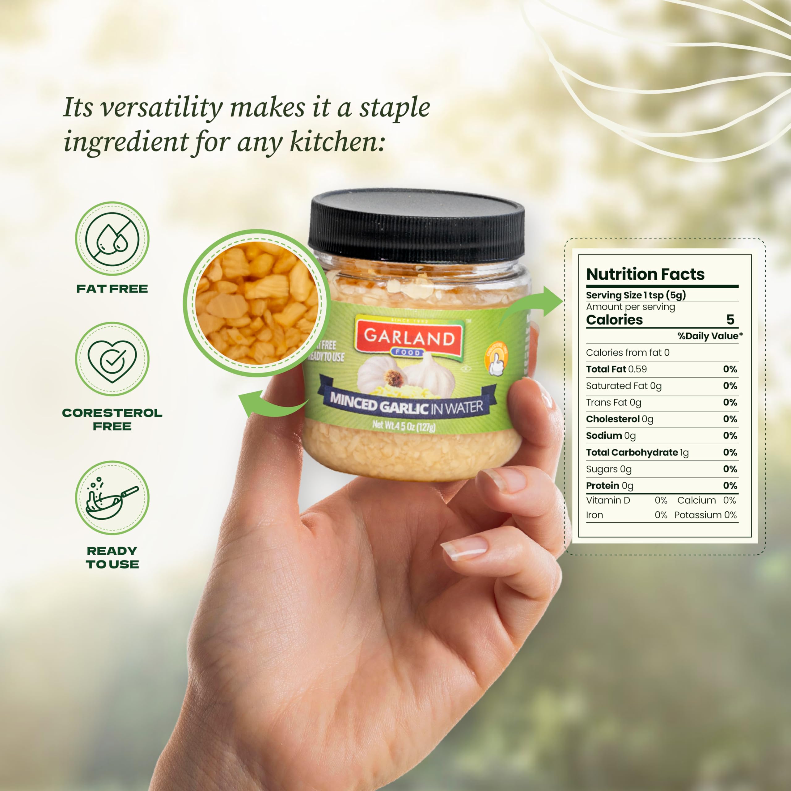 Garland Food Minced Garlic in Jar in Olive Oil 4.5 oz – Made in the USA – Minced Garlic in Olive Oil Ready to Use for Cooking & Marinades